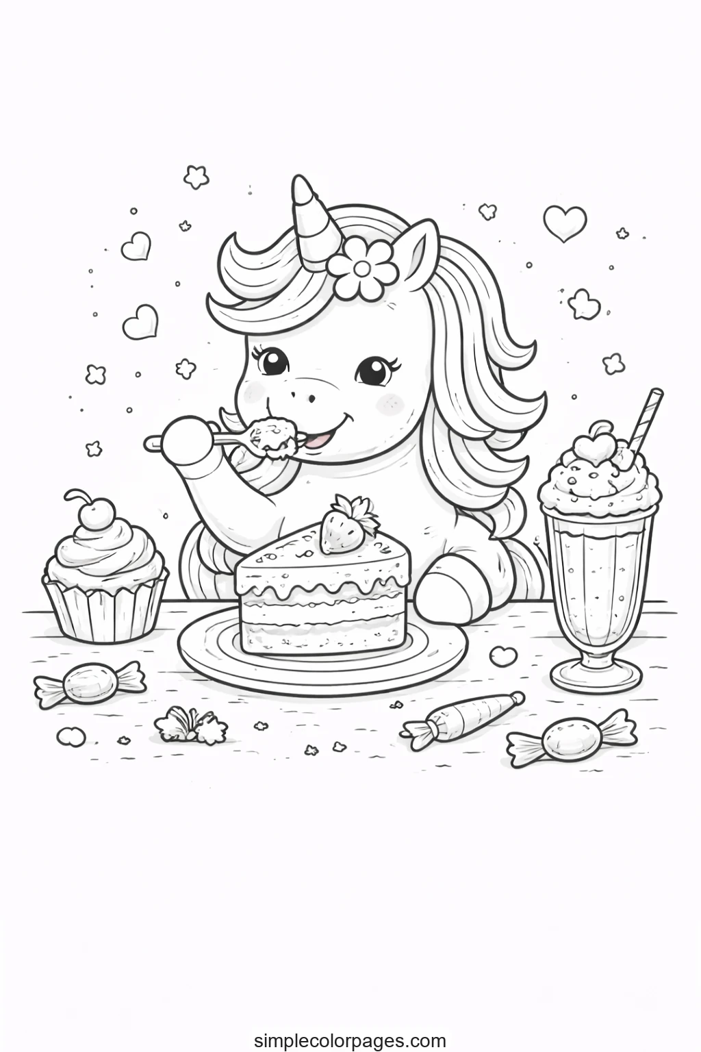 Preview of Unicorn Eating Cake Coloring Page
