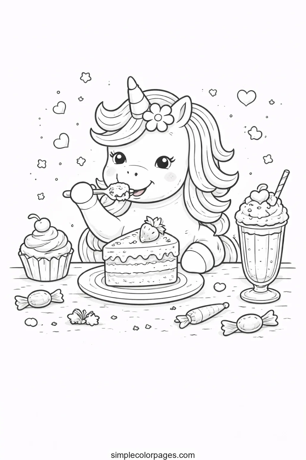 Preview of Unicorn Eating Cake Coloring Page