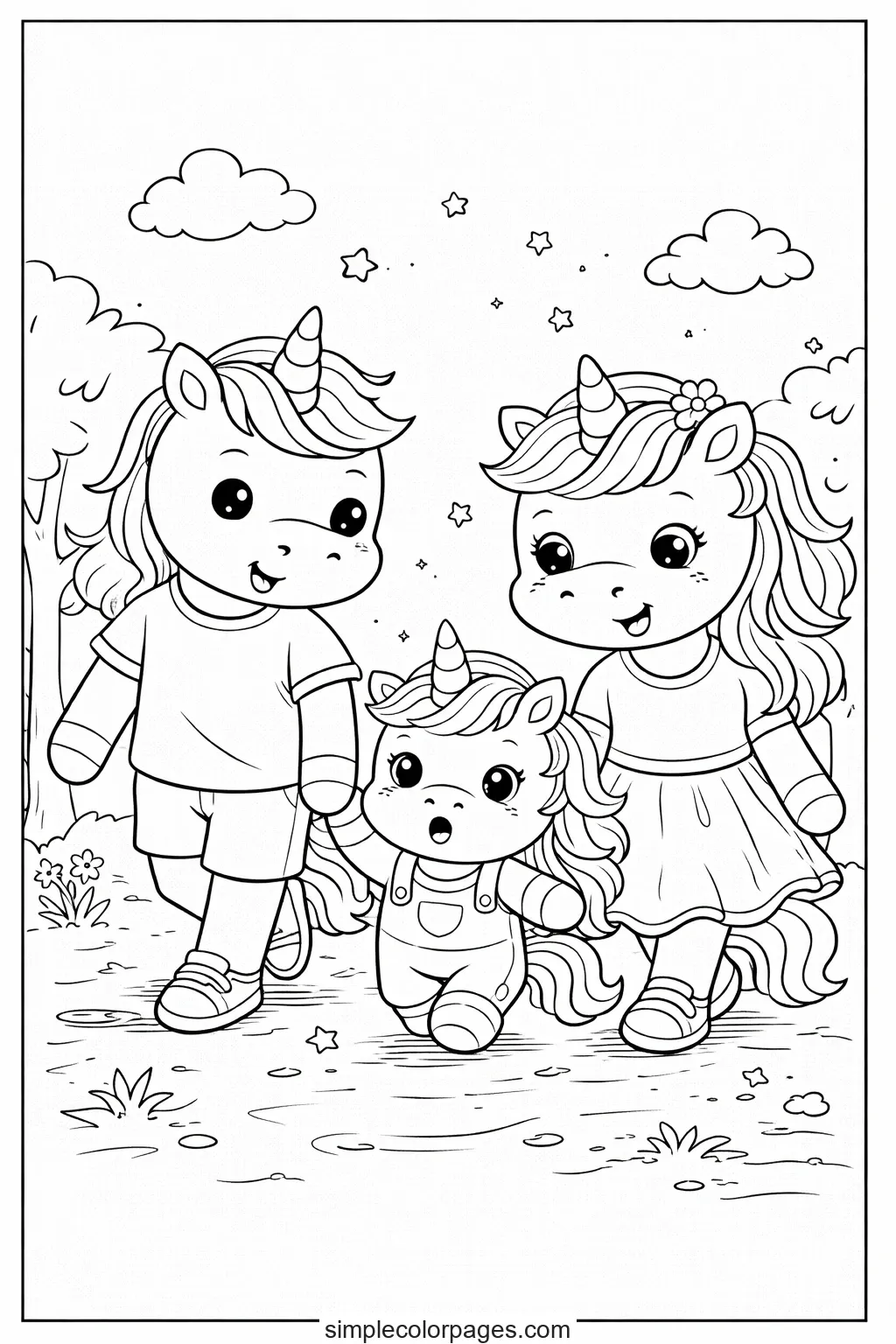 Preview of Unicorn Family Walking Coloring Page