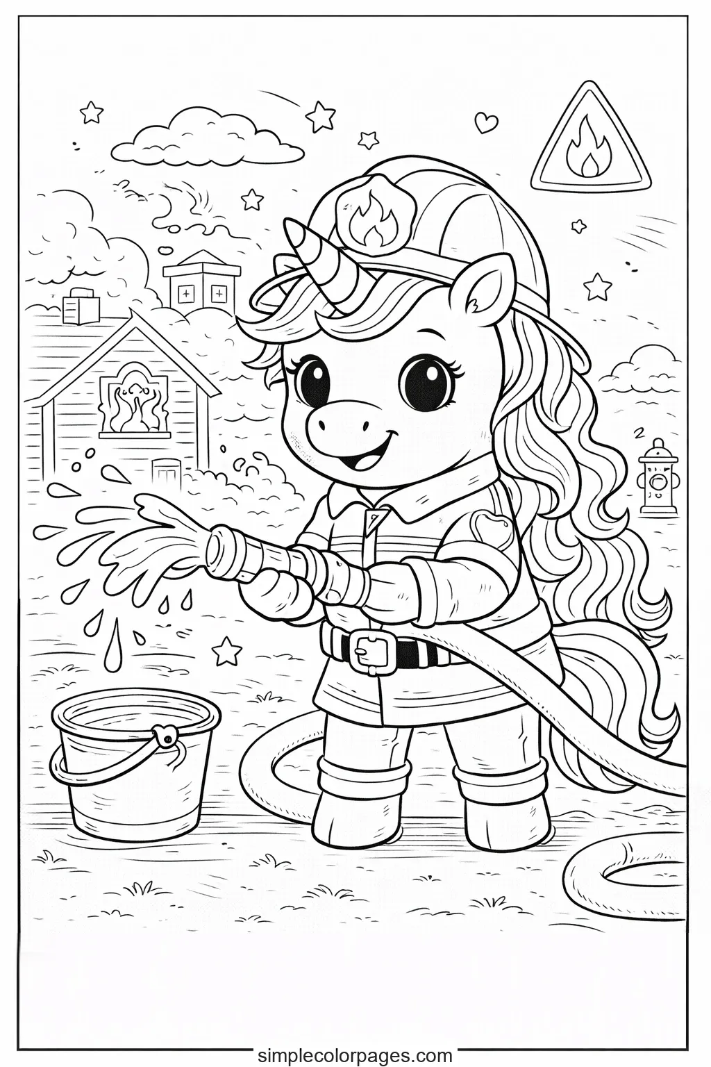 Preview of Unicorn Firefighter Coloring Page