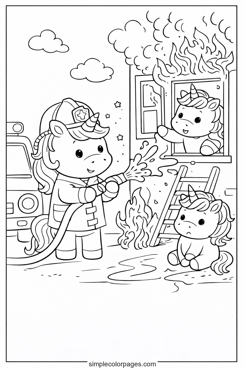 Preview of Unicorn Firefighter Rescue Coloring Page