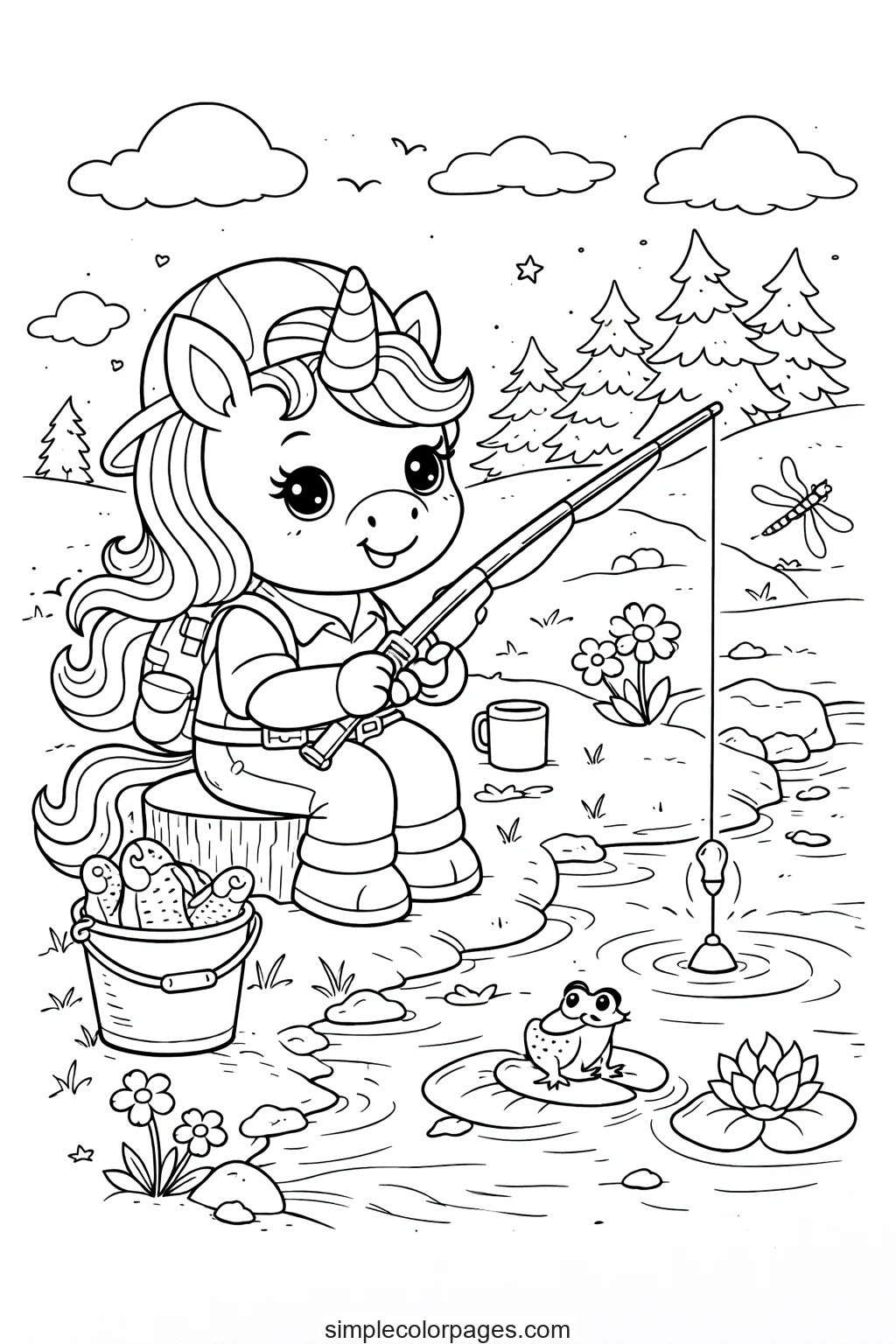 Preview of Unicorn Fishing Coloring Page