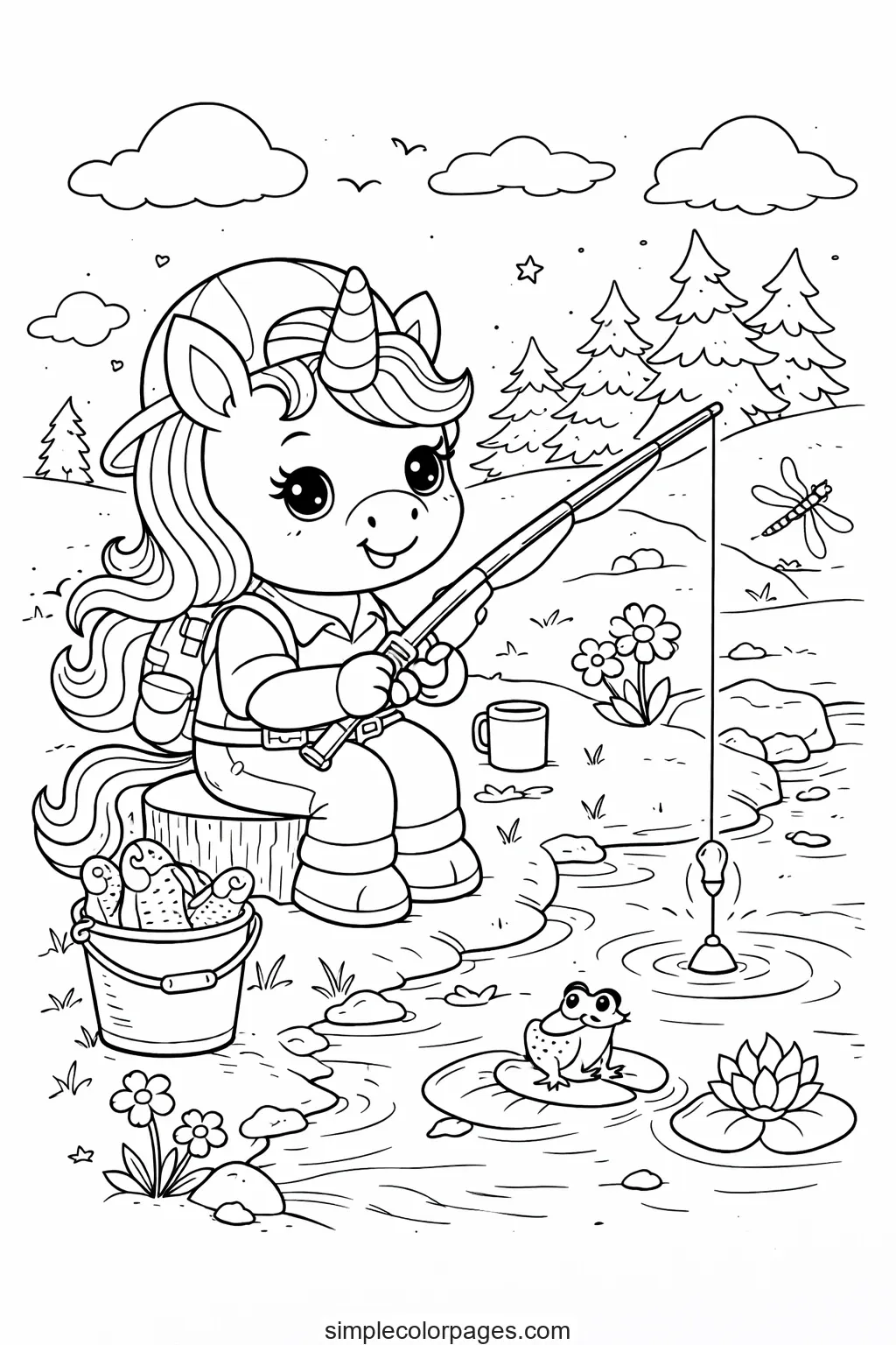 Preview of Unicorn Fishing Coloring Page