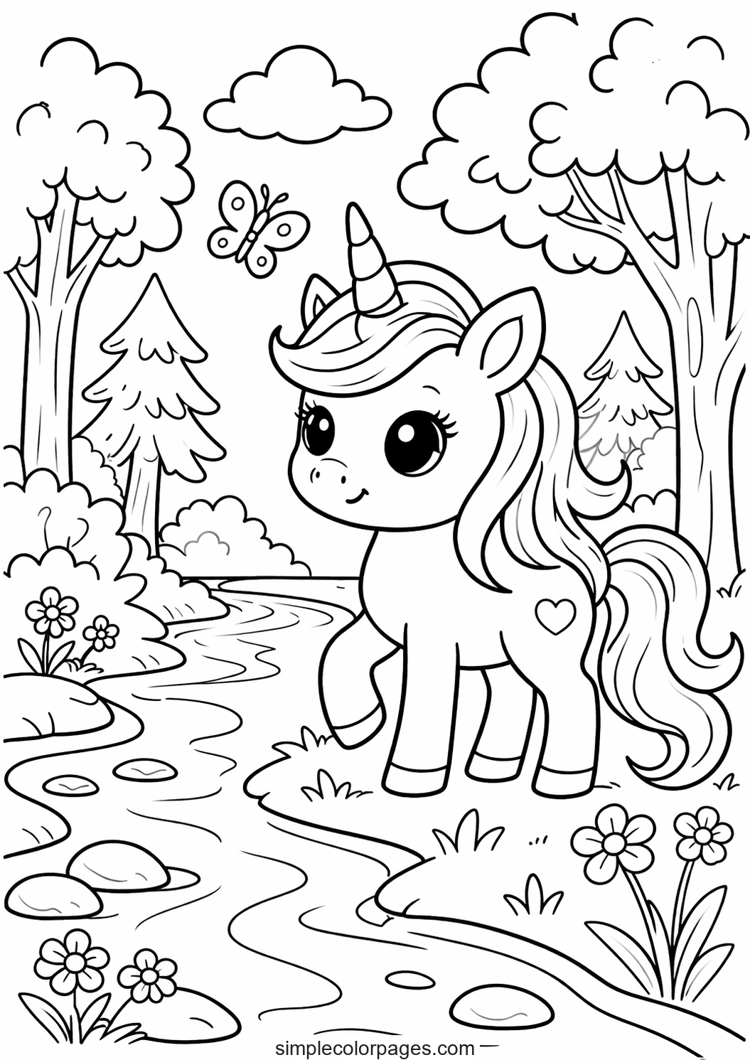Preview of Unicorn Forest Stream Coloring Page