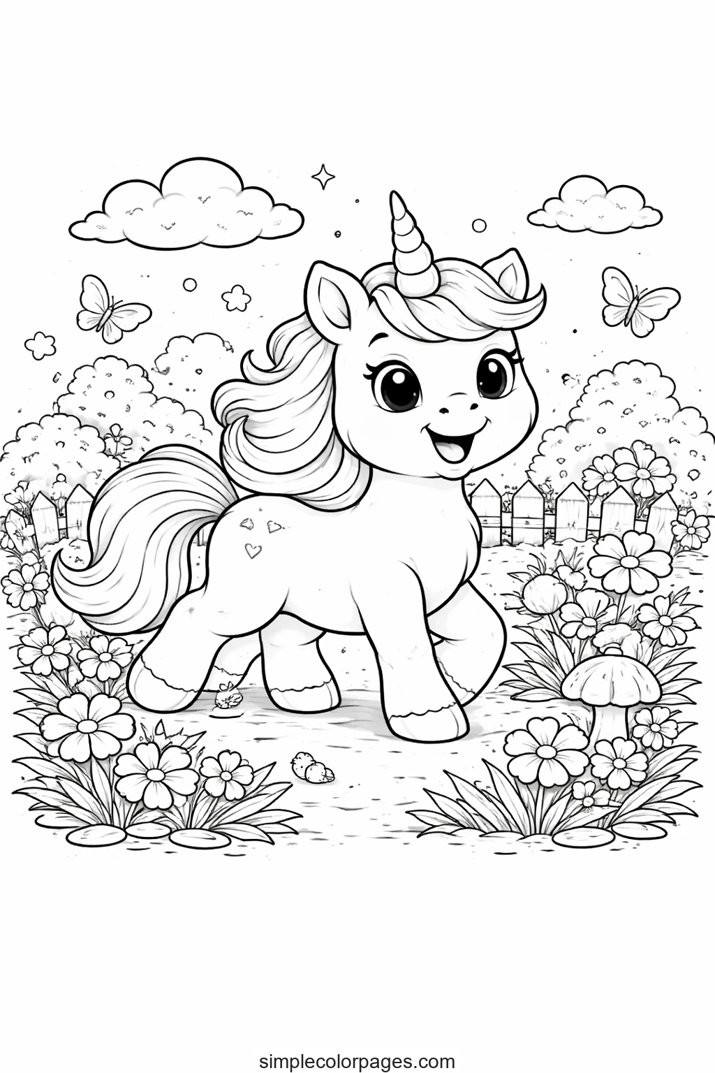 Preview of Unicorn in Garden Coloring Page
