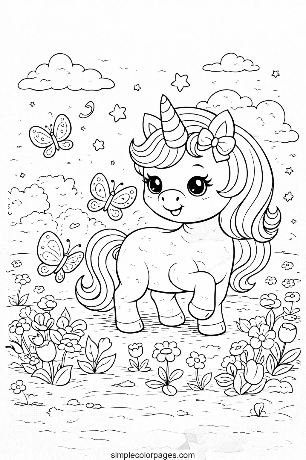 Preview of Unicorn Garden Butterflies Coloring Page