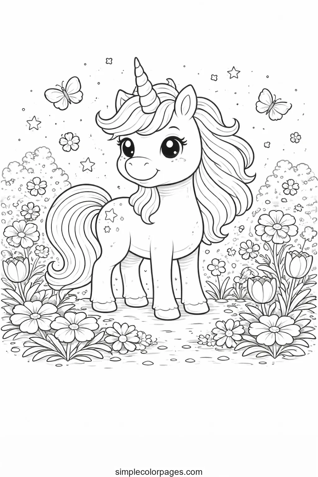 Preview of Unicorn Garden Flowers Coloring Page