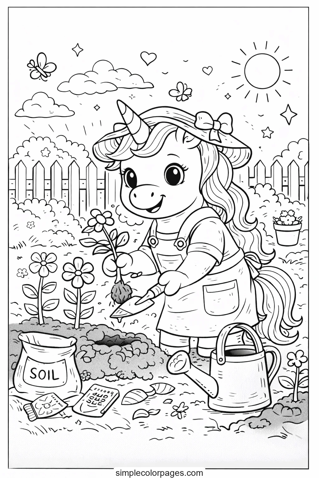 Preview of Unicorn Gardening Coloring Page