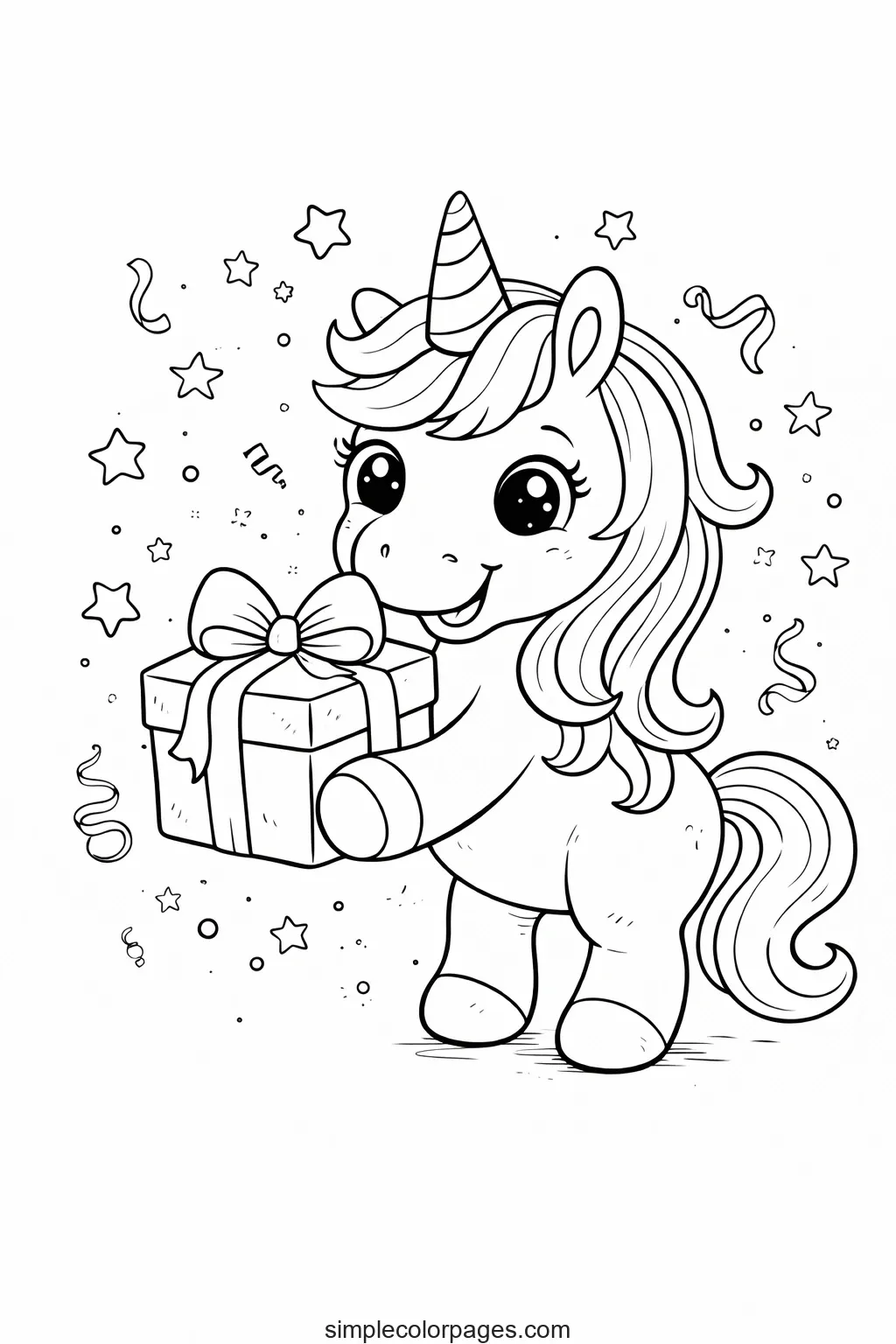 Preview of Unicorn with Gift Box Coloring Page