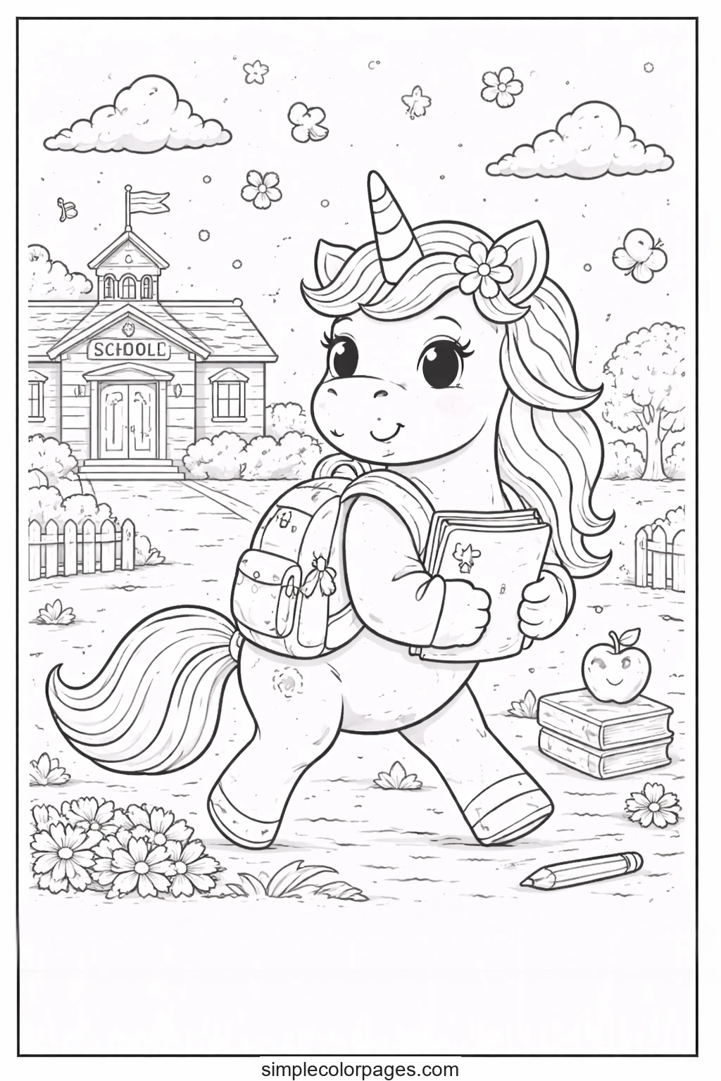 Preview of Unicorn Going to School Coloring Page