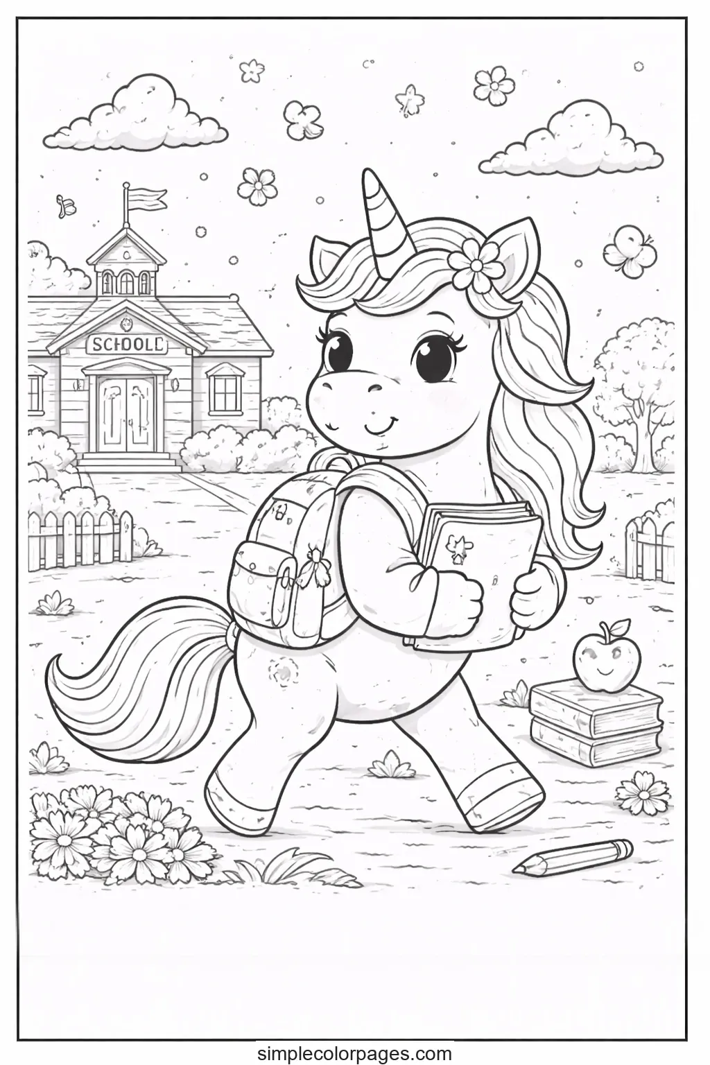Preview of Unicorn Going to School Coloring Page