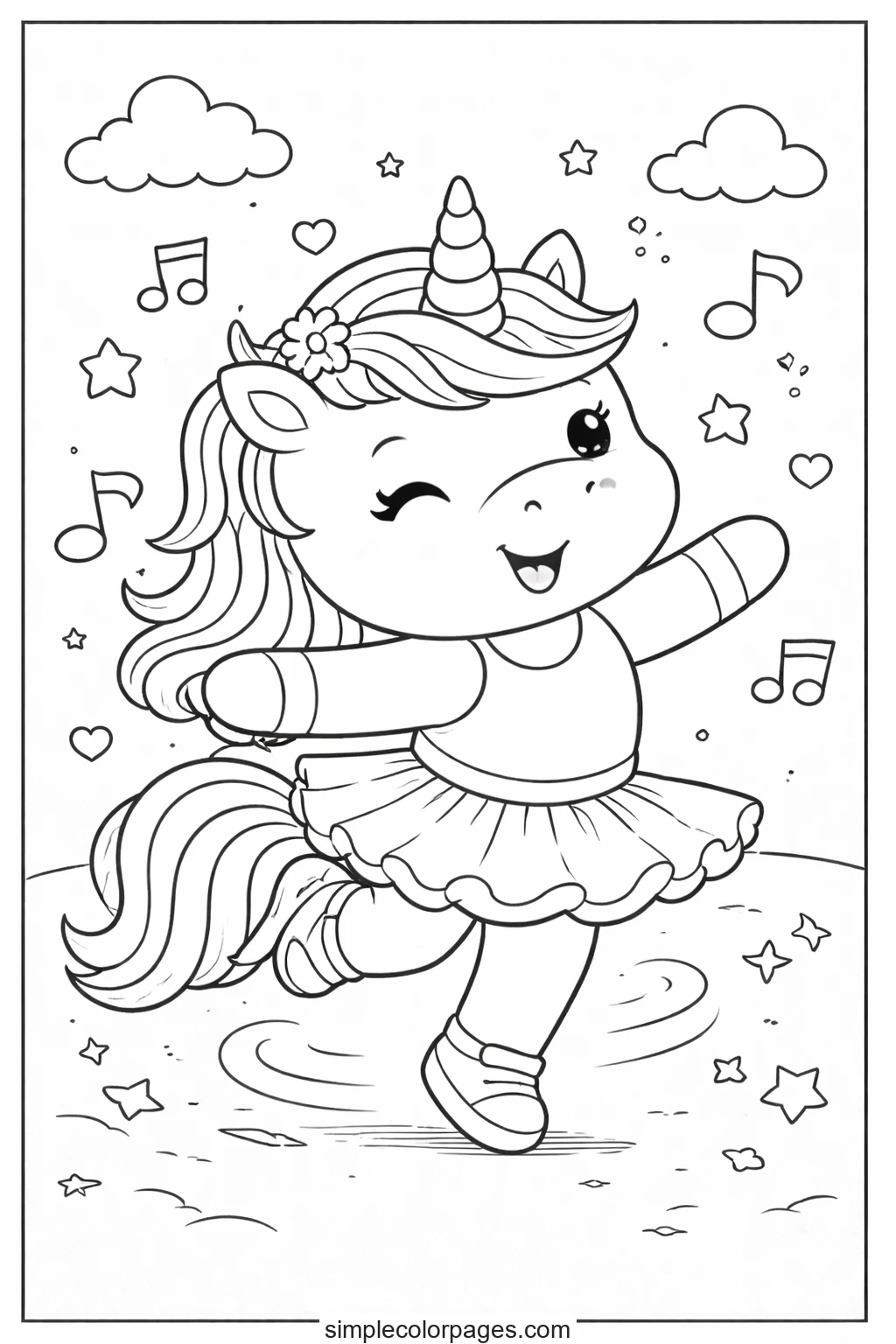 Preview of Unicorn Dancing Happily Coloring Page
