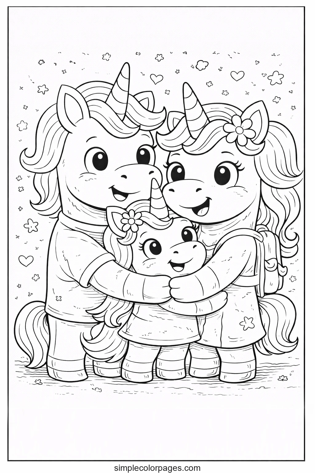 Preview of Happy Unicorn Family Coloring Page