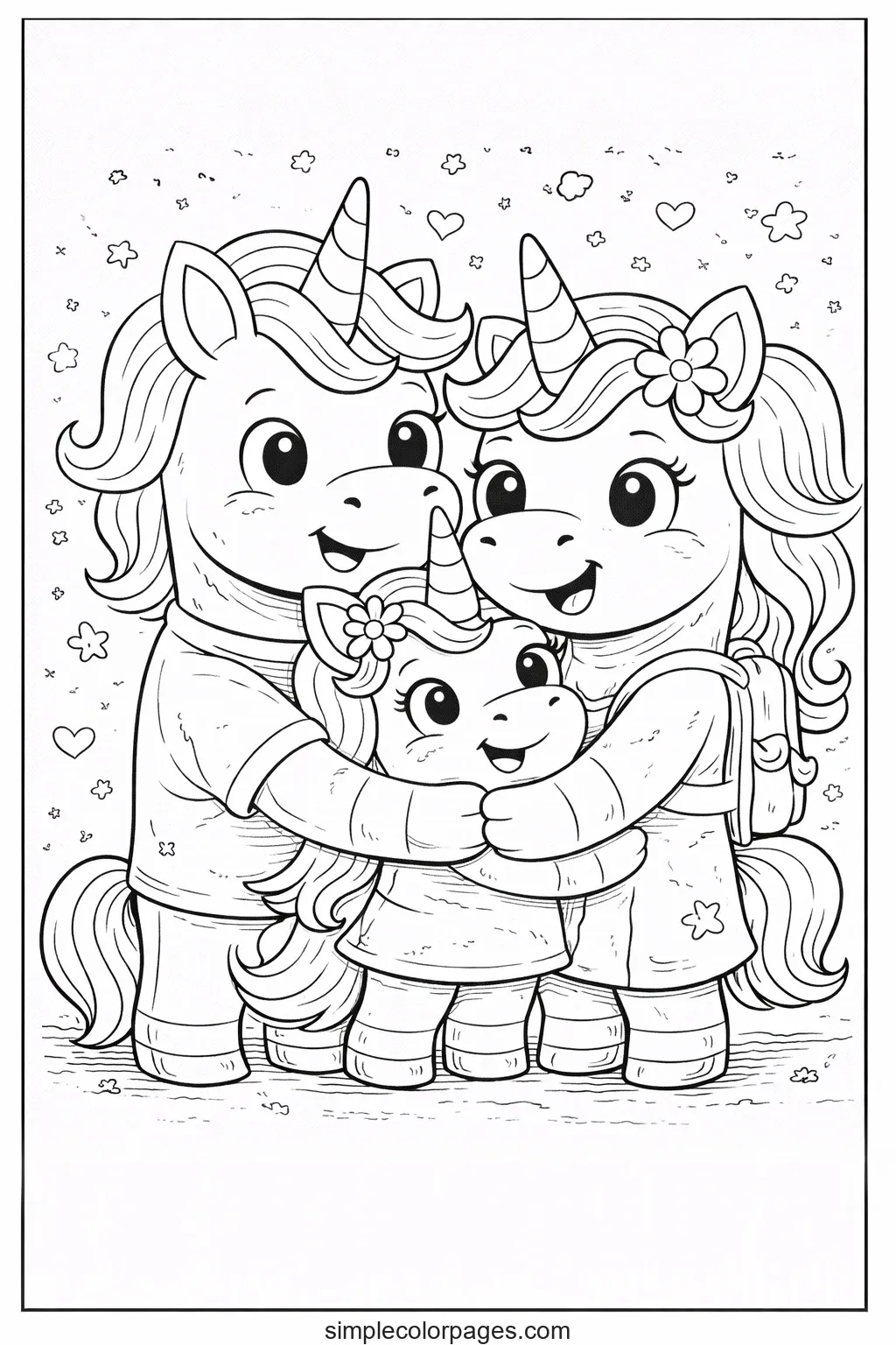 Preview of Happy Unicorn Family Coloring Page