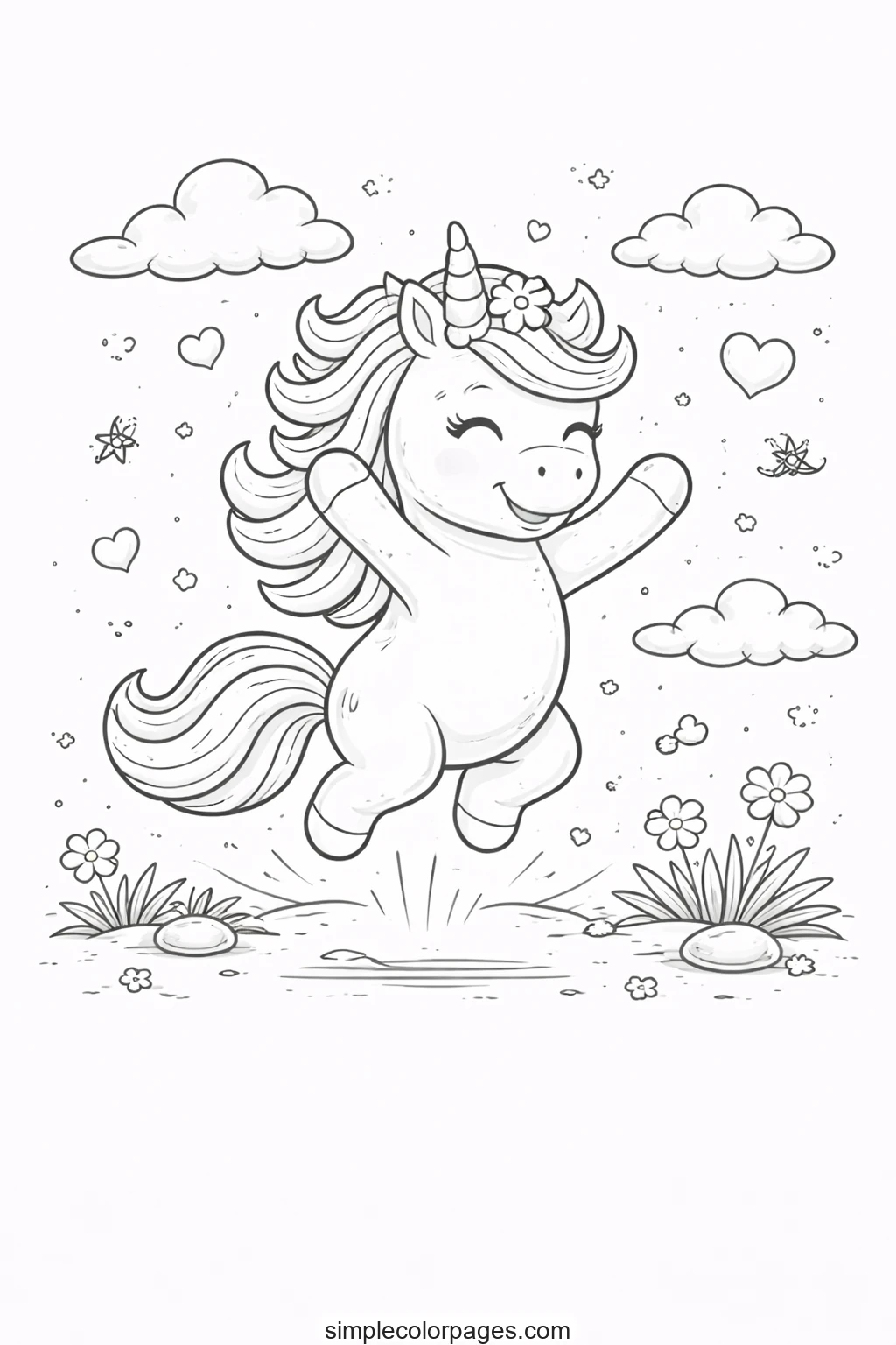 Preview of Happy Jumping Unicorn Coloring Page