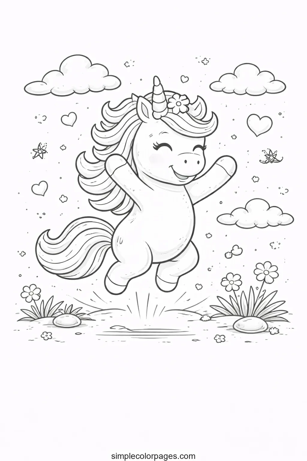 Preview of Happy Jumping Unicorn Coloring Page