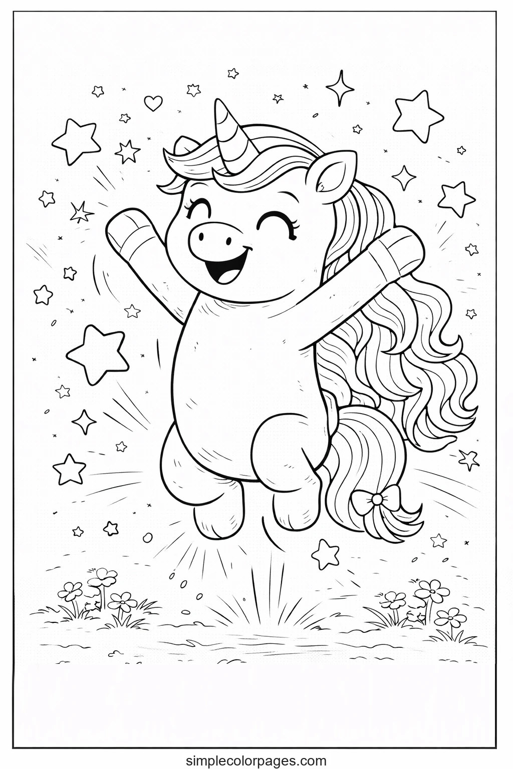 Preview of Happy Jumping Unicorn with Stars Coloring Page