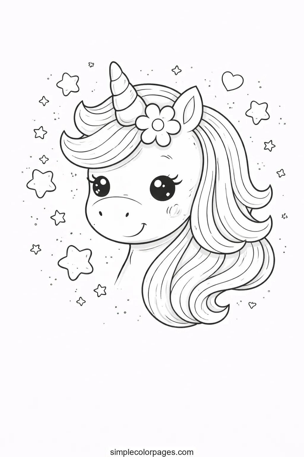 Preview of Unicorn Head with Stars Coloring Page