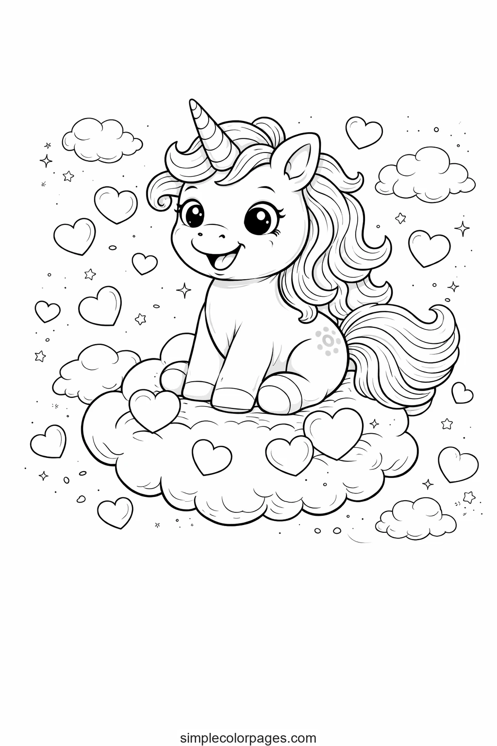 Preview of Unicorn with Heart Cloud Coloring Page