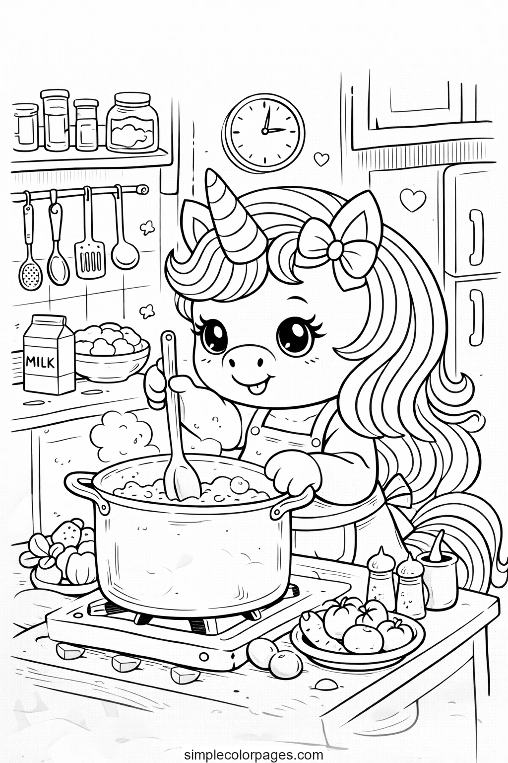 Preview of Unicorn Cooking in Kitchen Coloring Page