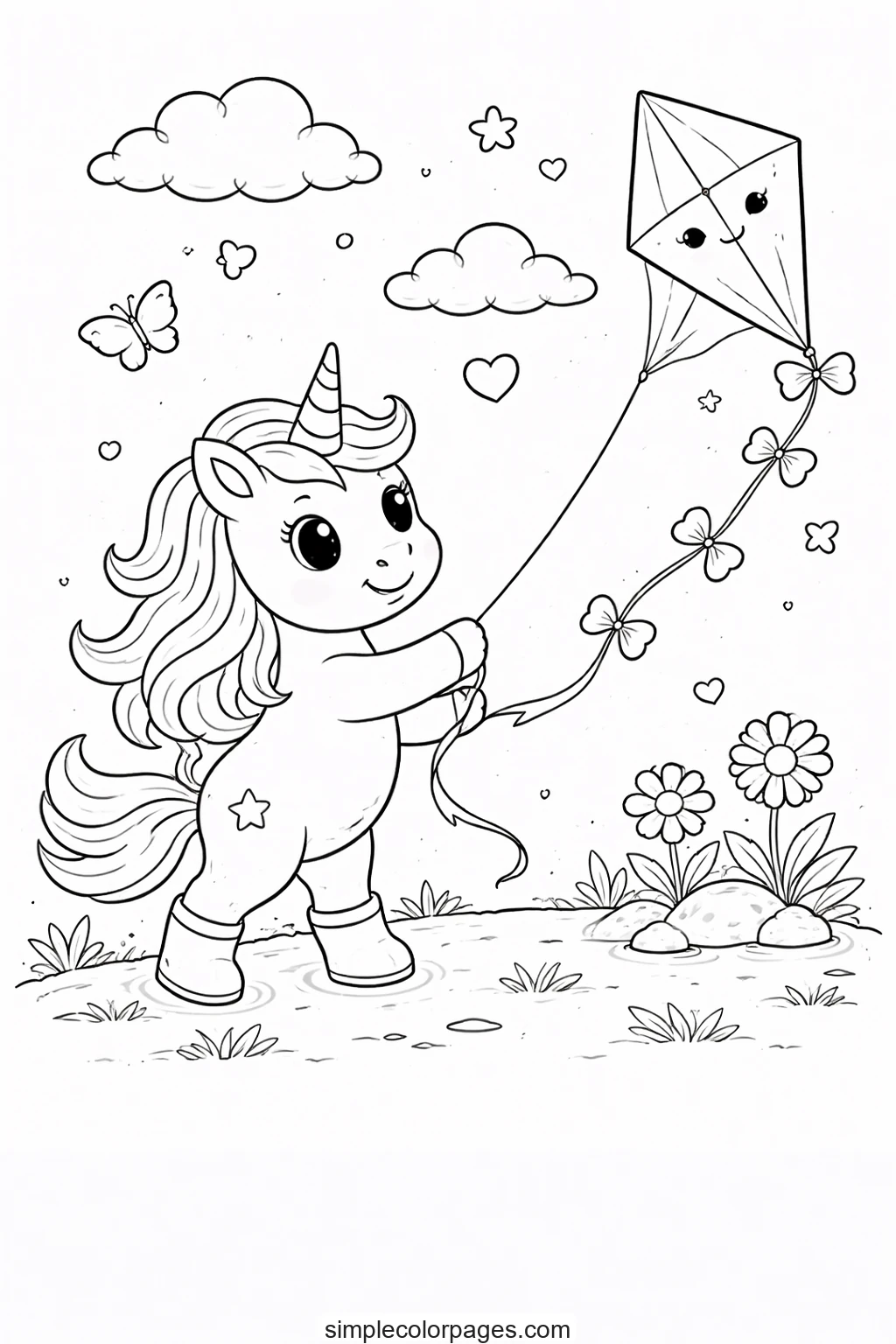 Preview of Unicorn Flying a Kite Coloring Page