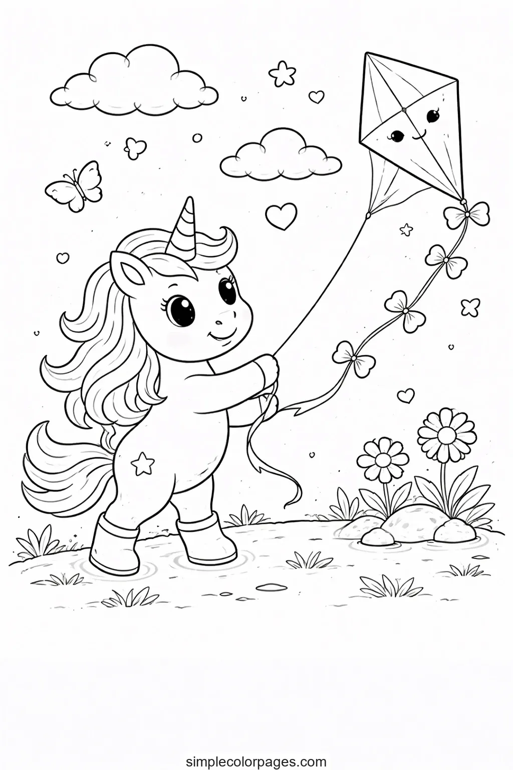 Preview of Unicorn Flying a Kite Coloring Page