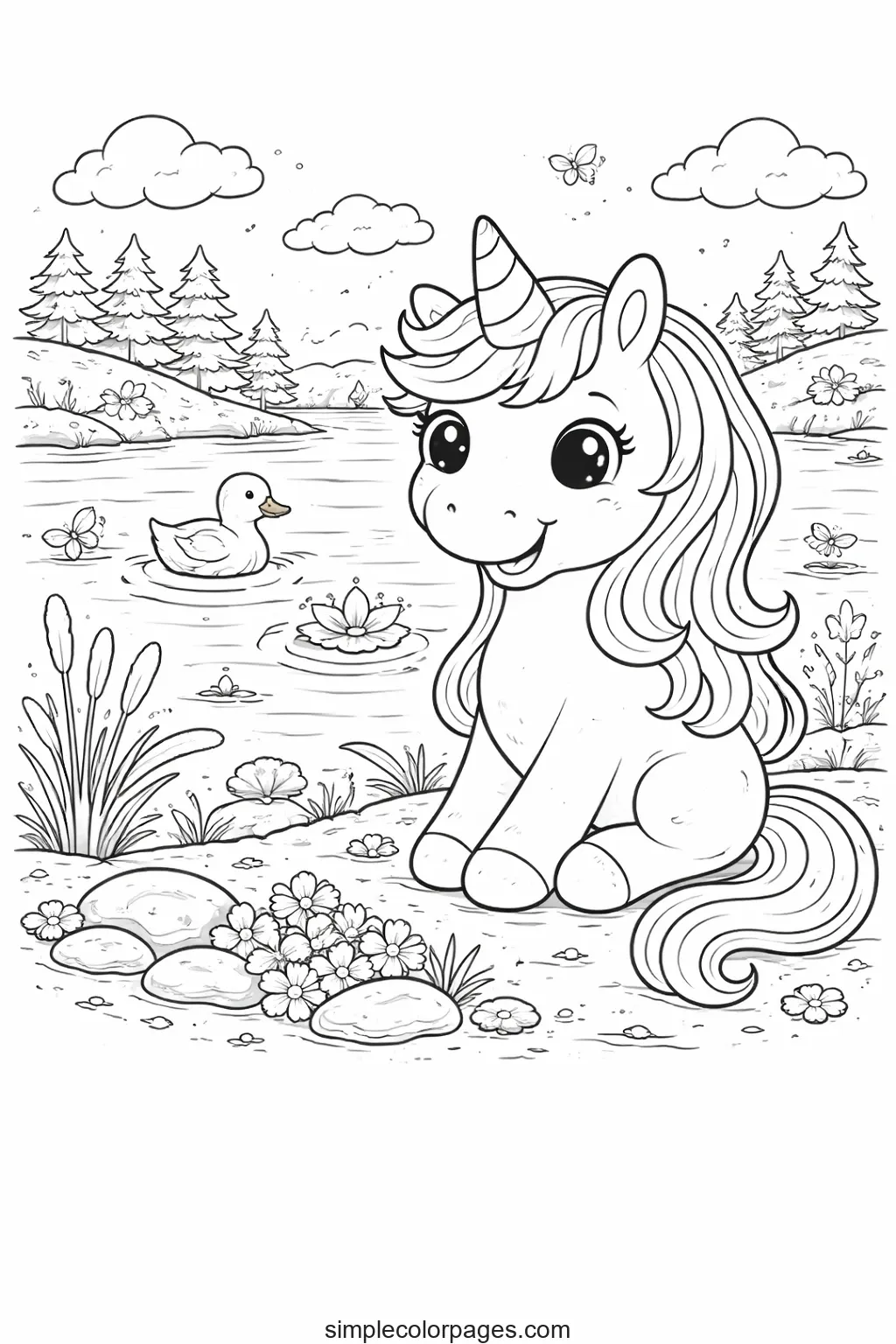 Preview of Unicorn by the Lake Coloring Page