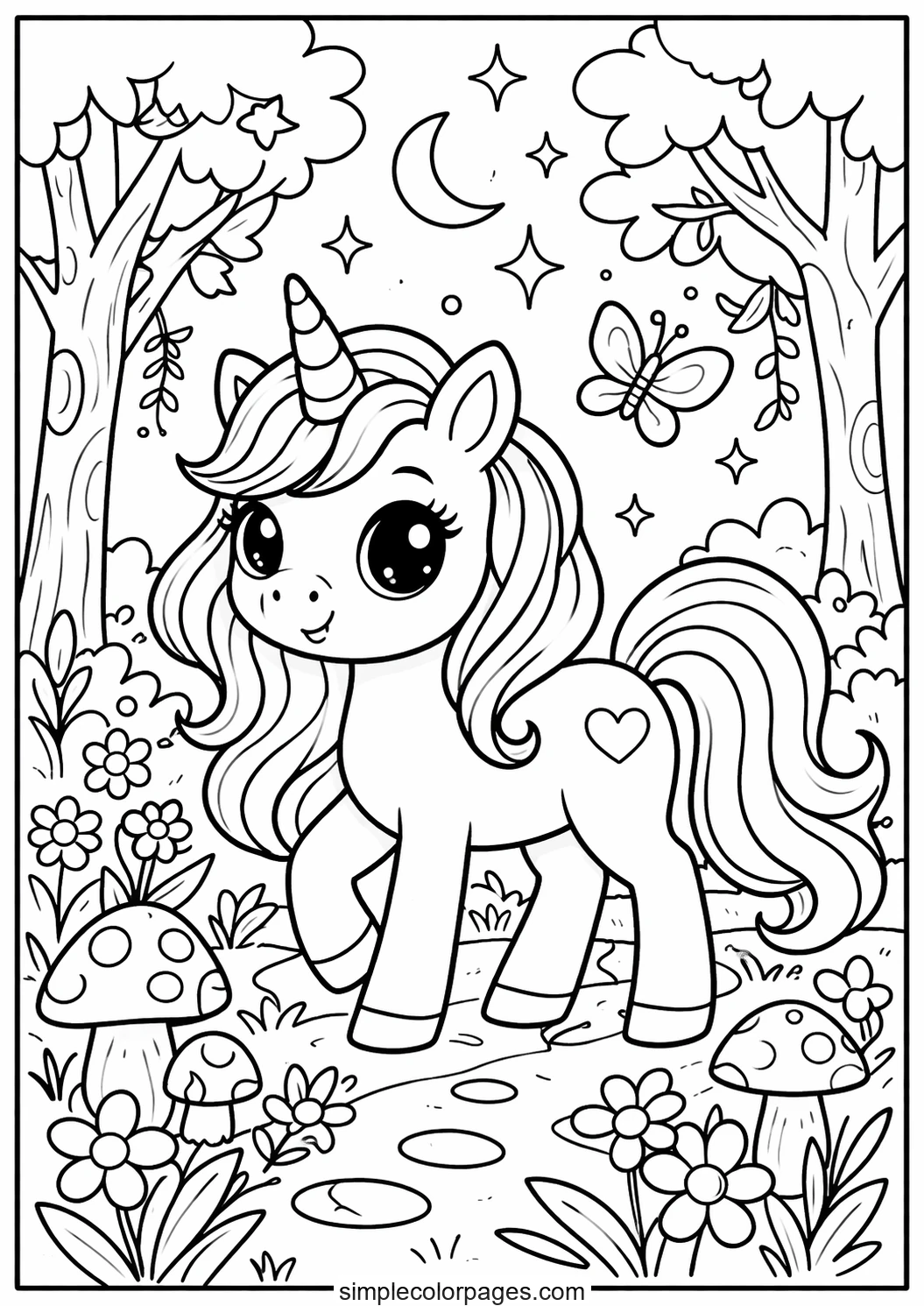 Preview of Unicorn Magical Forest Coloring Page