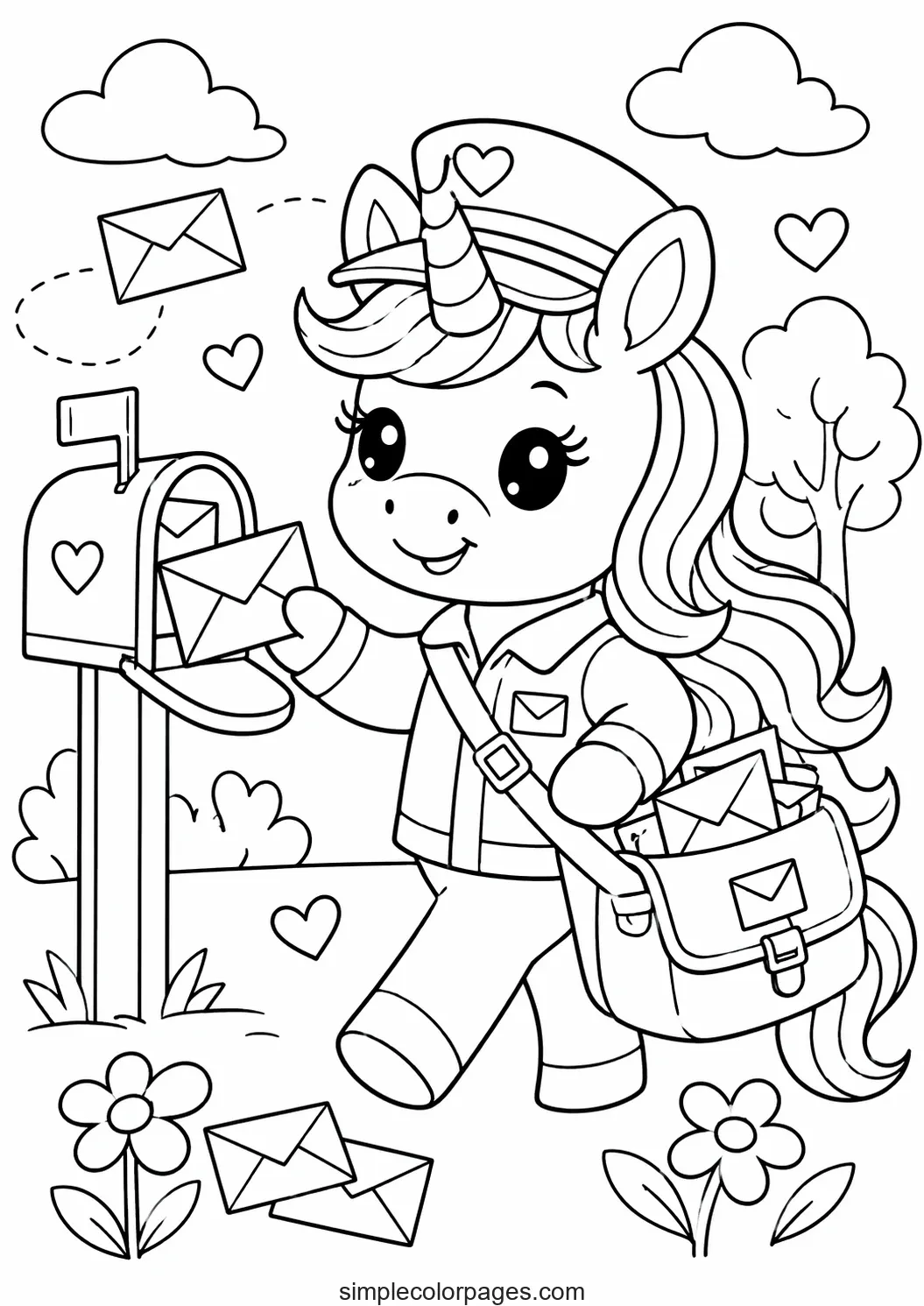 Preview of Unicorn Mail Carrier Coloring Page