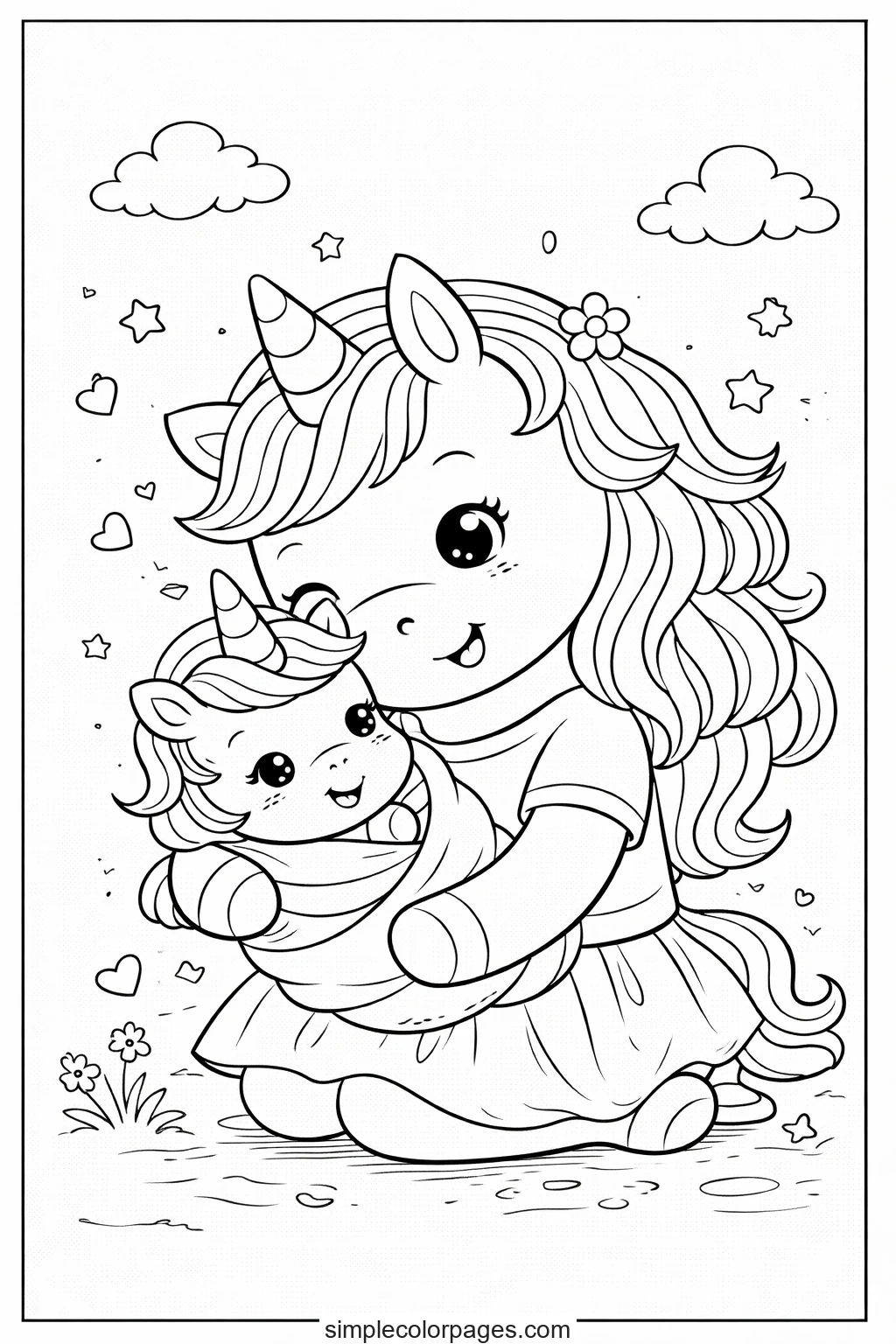 Preview of Unicorn Mom and Baby Coloring Page
