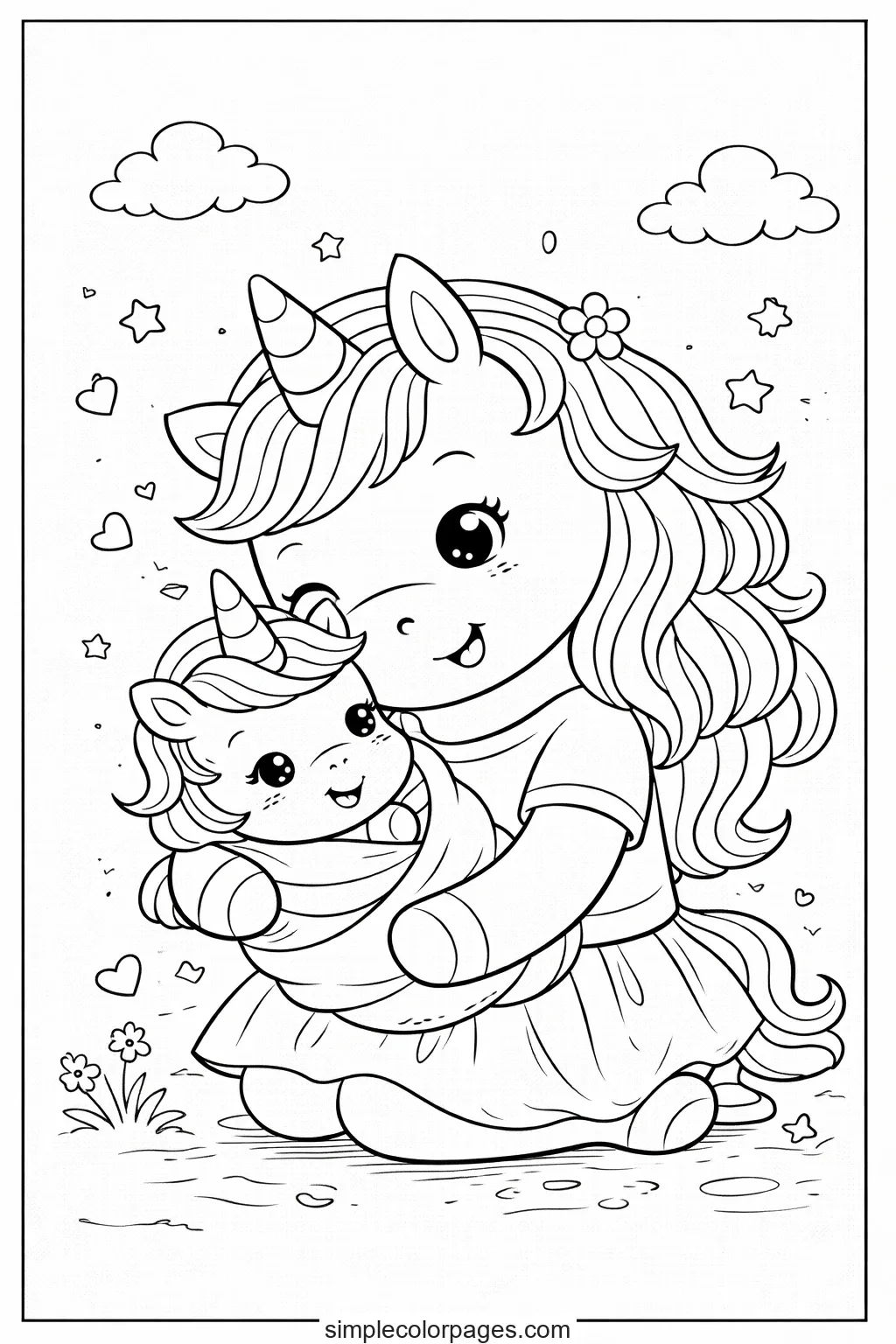 Preview of Unicorn Mom and Baby Coloring Page