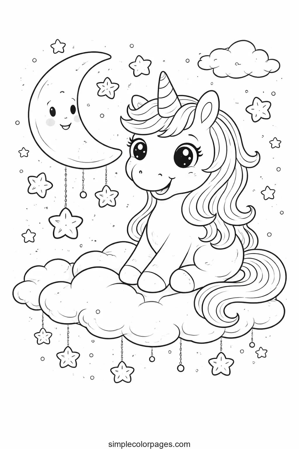Preview of Unicorn Moon and Stars Coloring Page