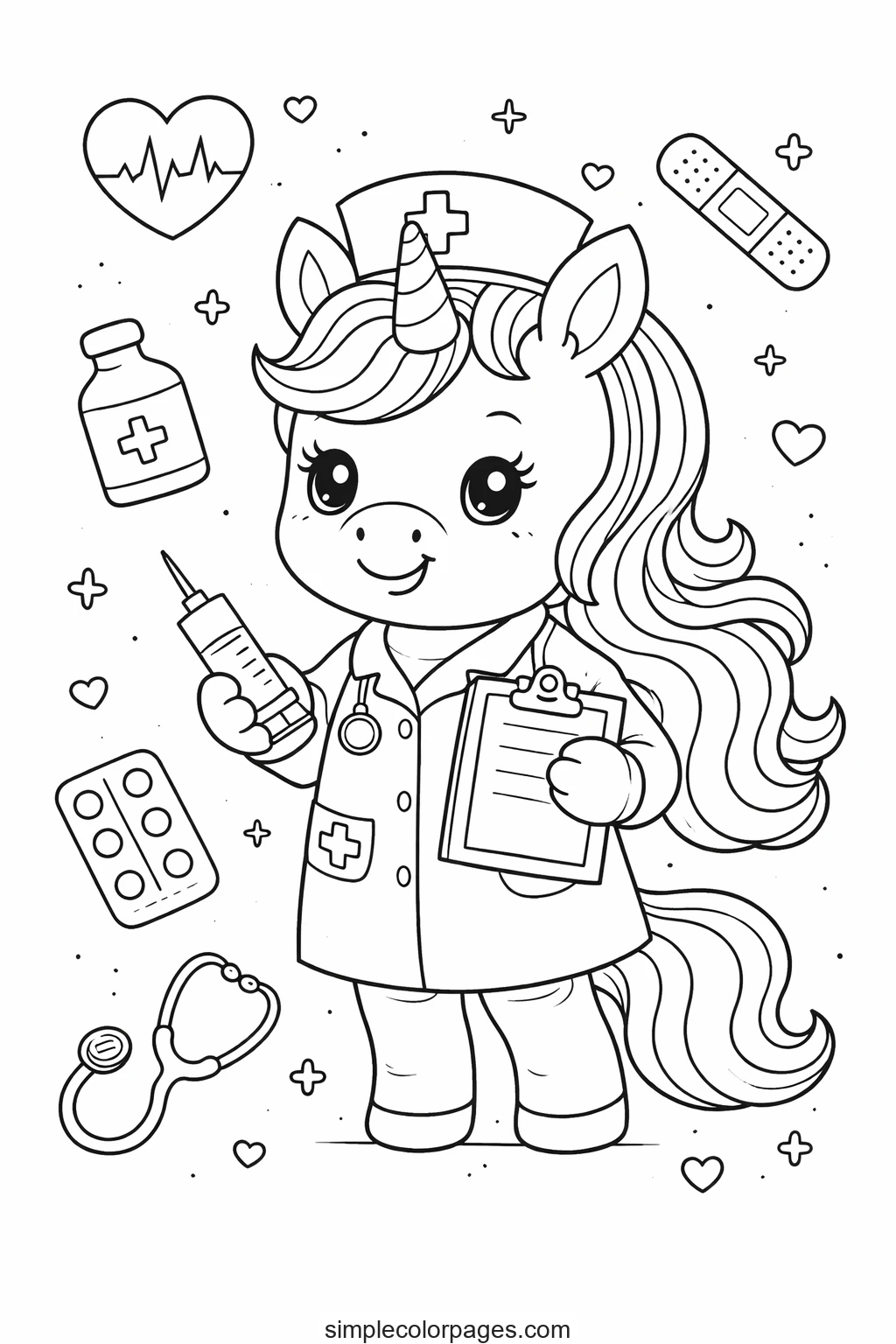 Preview of Unicorn Nurse at Clinic Coloring Page