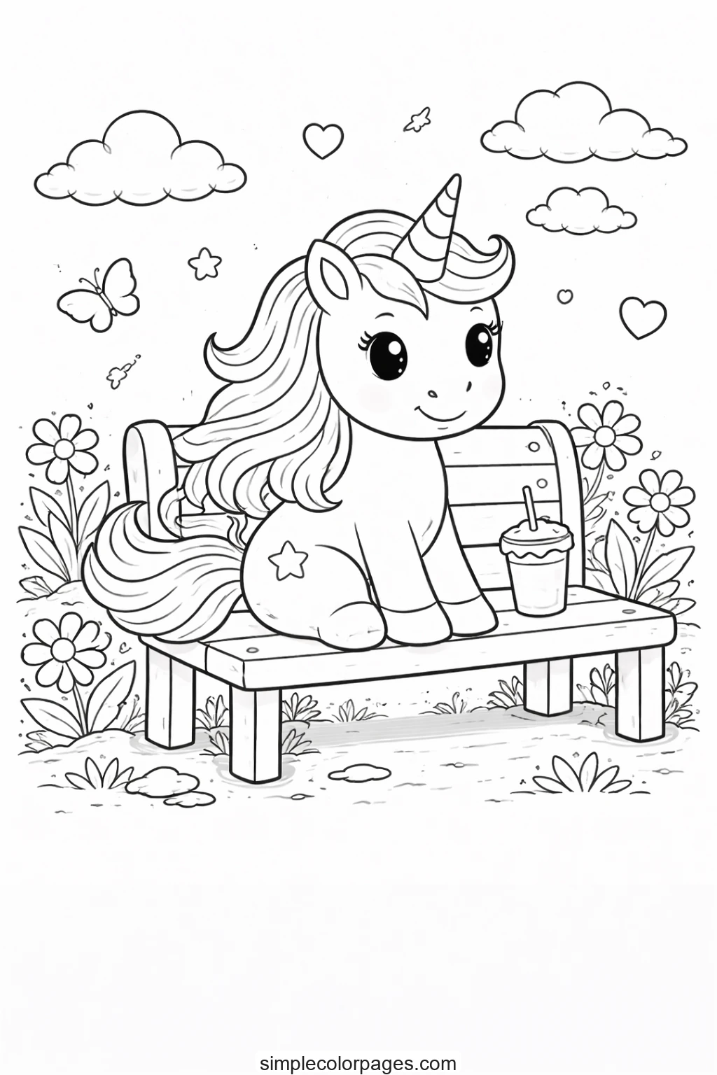 Preview of Unicorn Park Bench Coloring Page