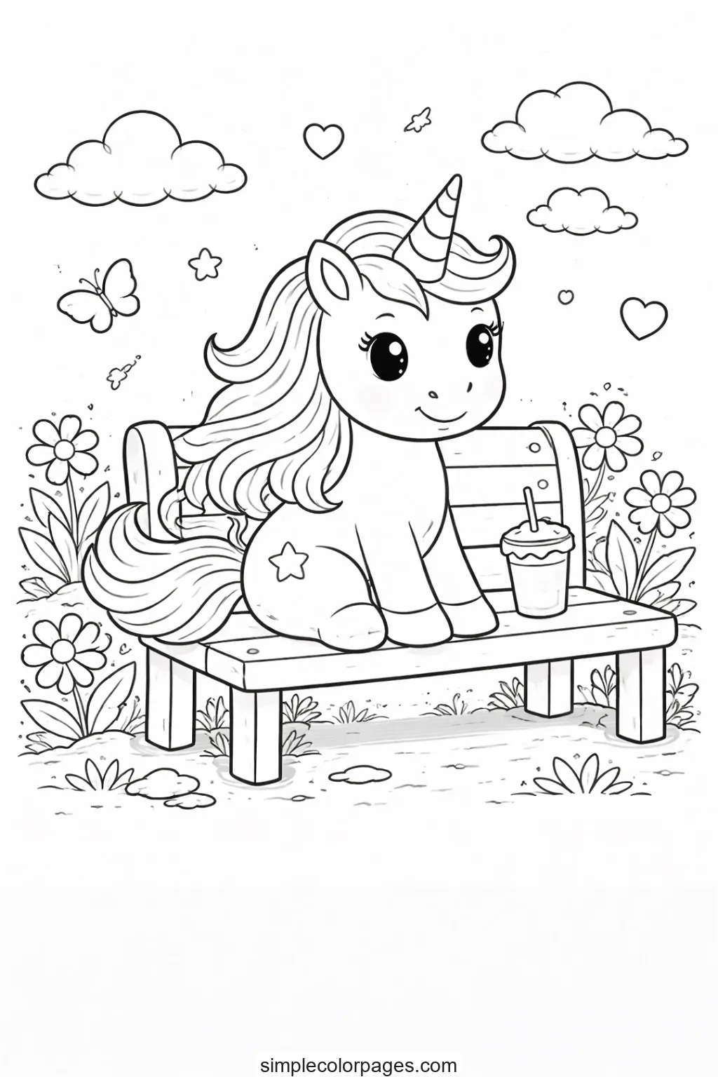 Preview of Unicorn Park Bench Coloring Page