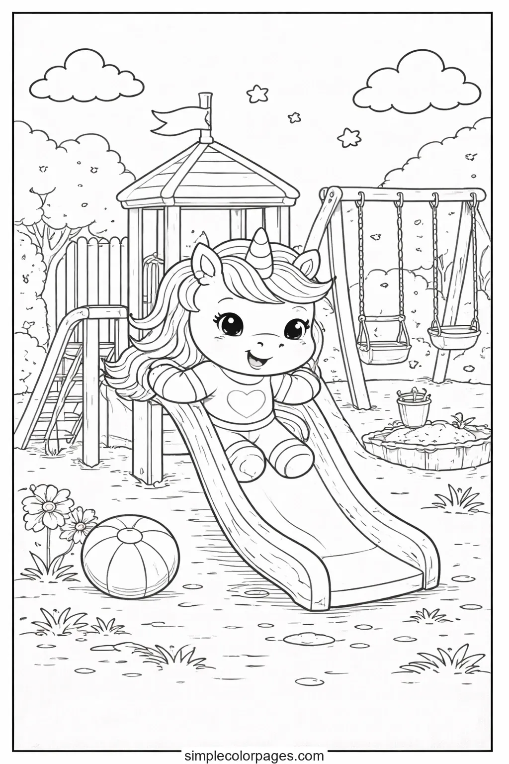 Preview of Unicorn at Playground Coloring Page