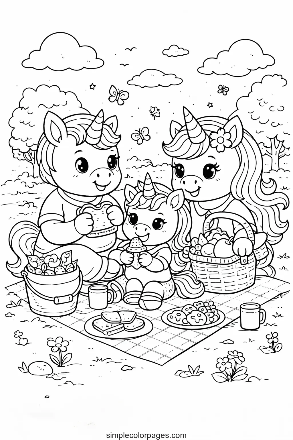 Preview of Unicorn Family Picnic Coloring Page