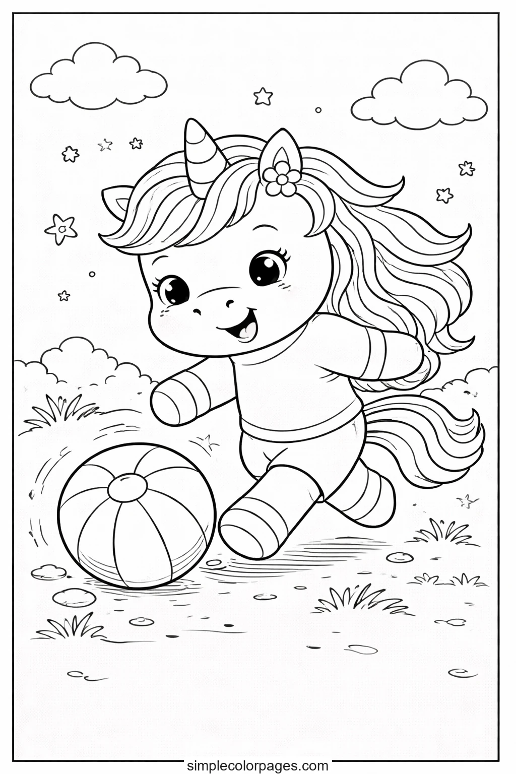 Preview of Unicorn Playing Ball Coloring Page