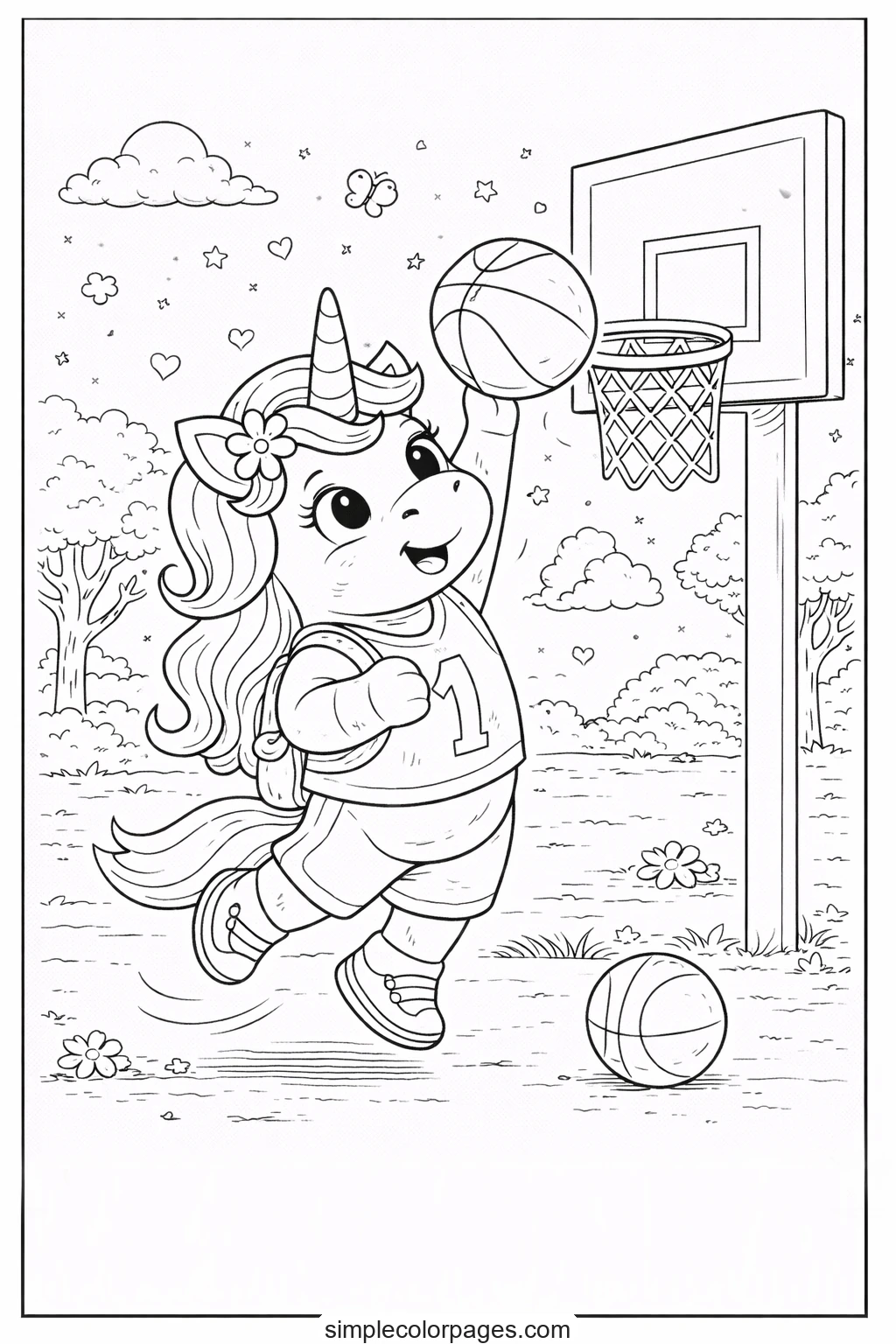 Preview of Unicorn Playing Basketball Coloring Page