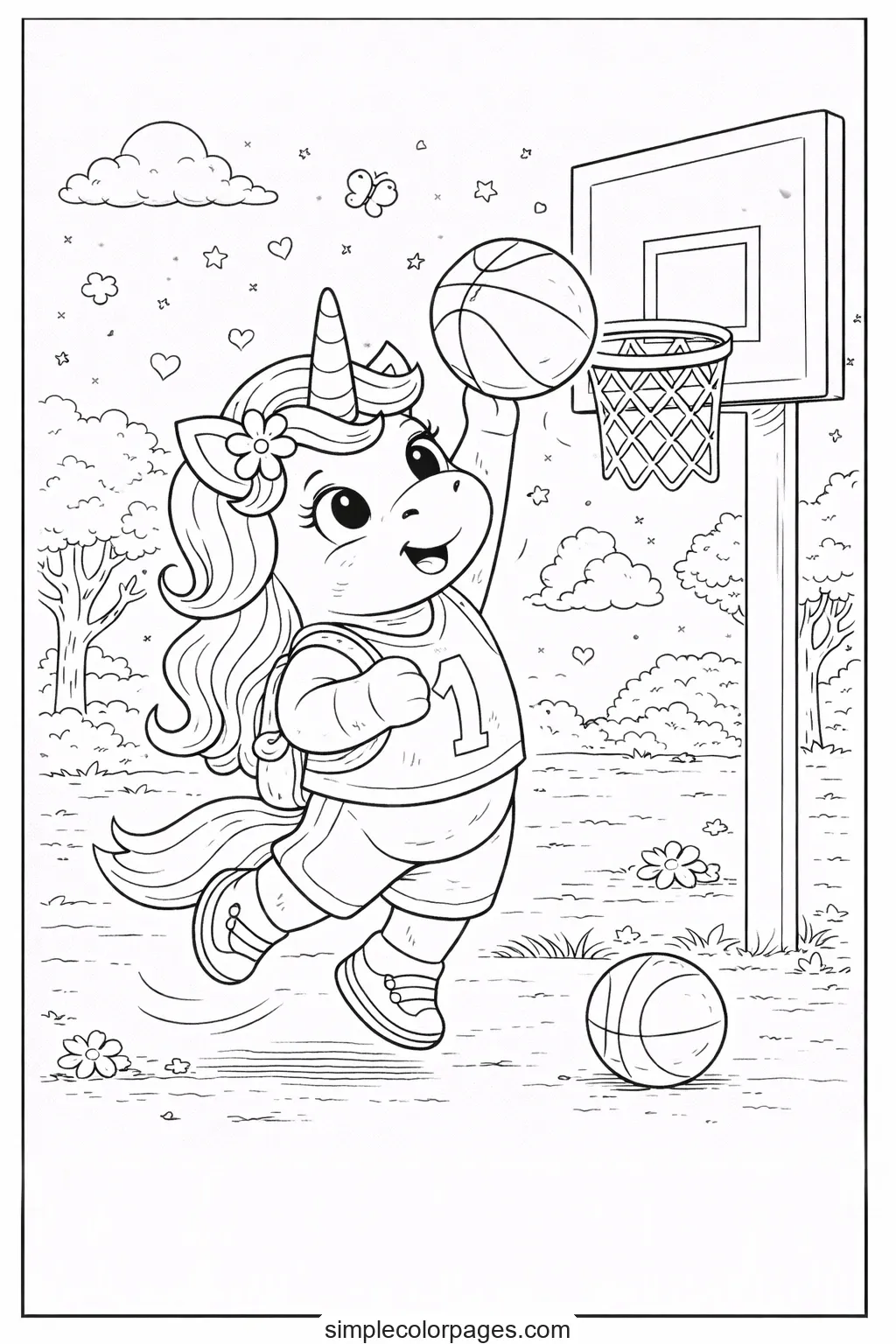 Preview of Unicorn Playing Basketball Coloring Page