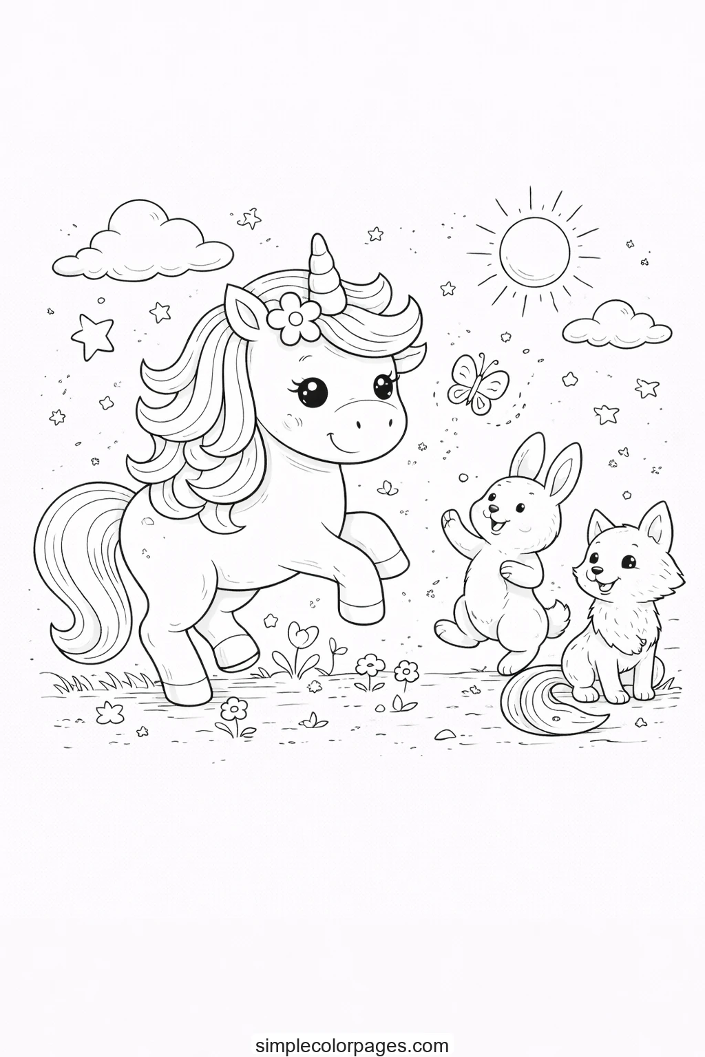 Preview of Unicorn Playing with Friends Coloring Page