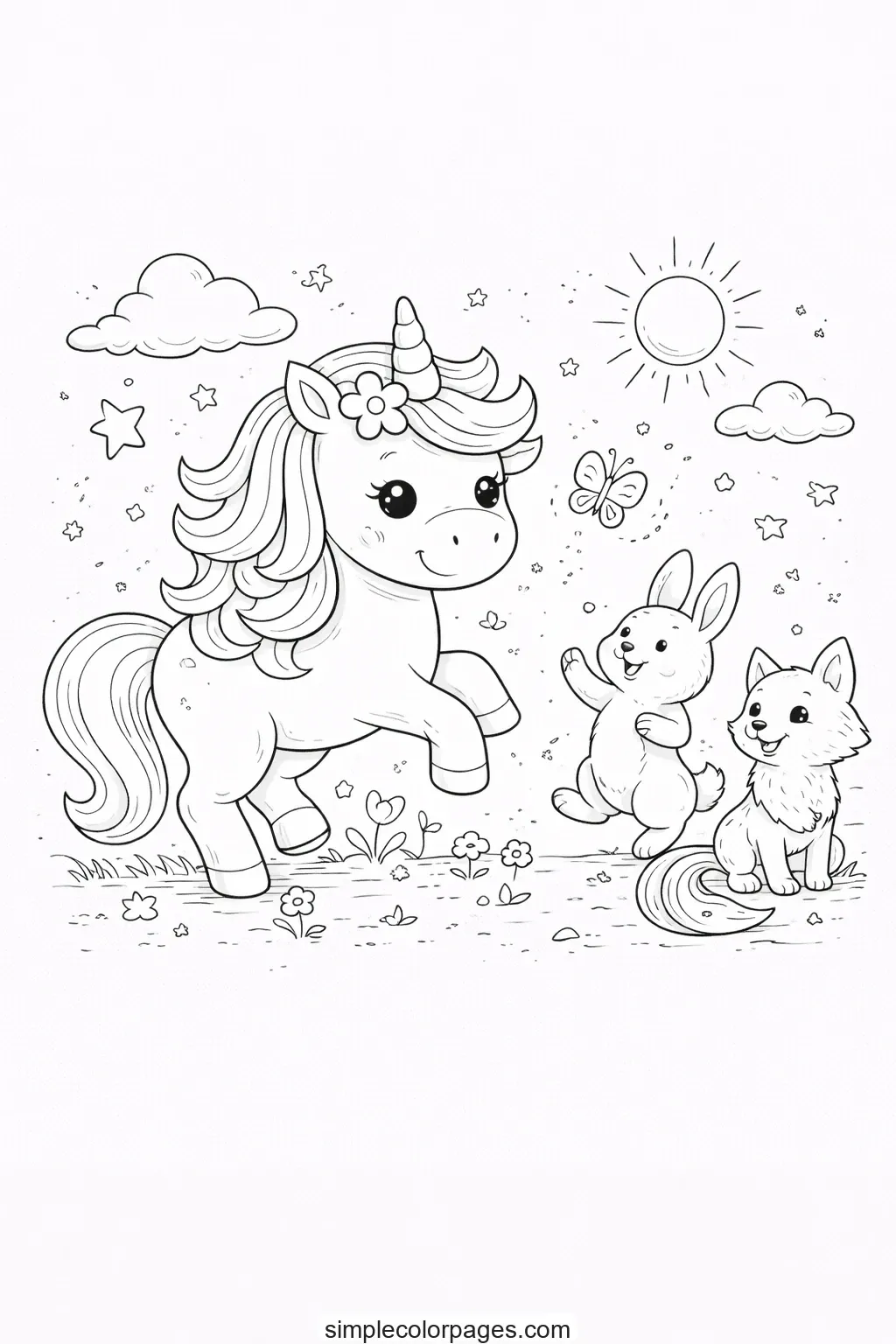Preview of Unicorn Playing with Friends Coloring Page
