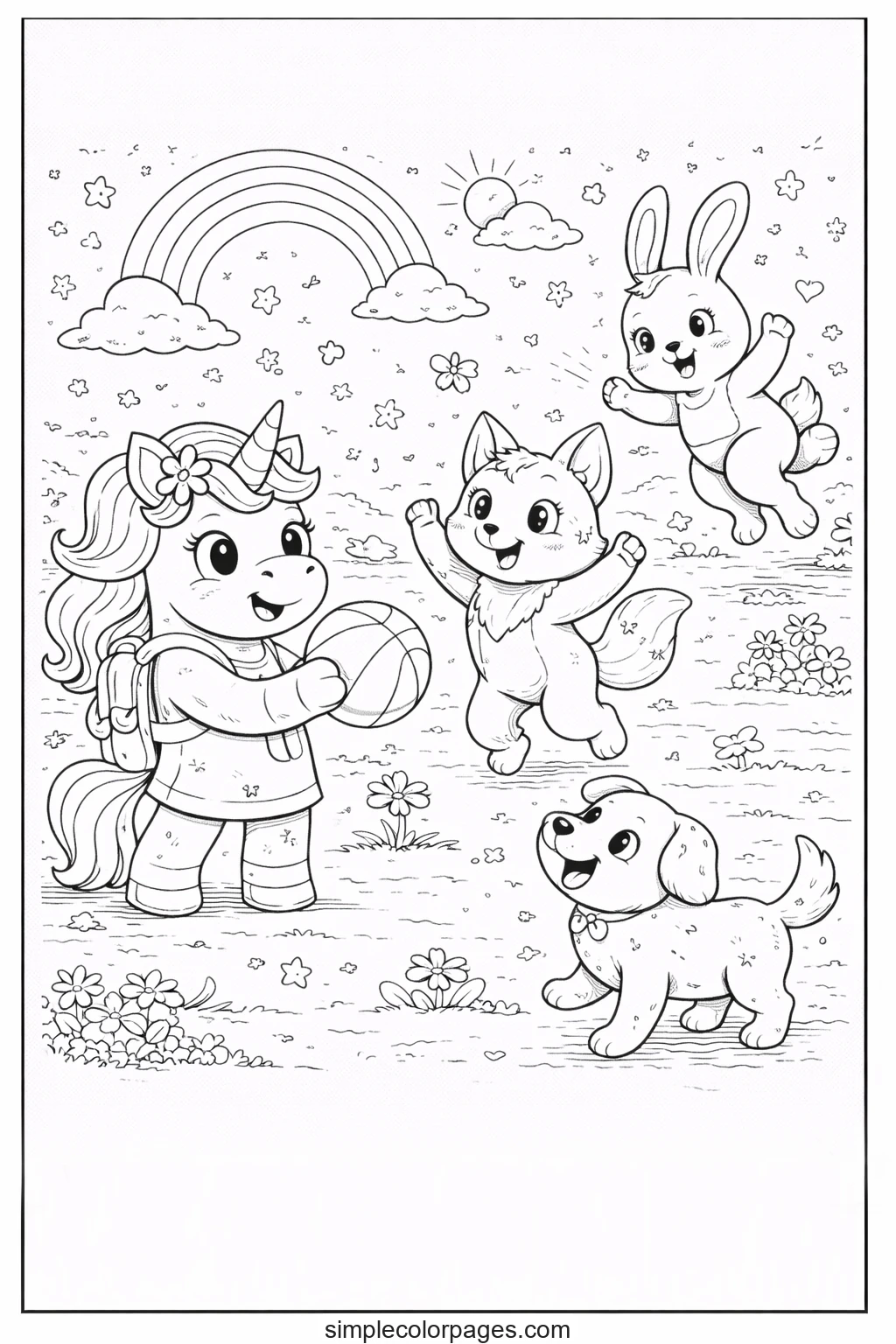 Preview of Unicorn Playing with Friends Outdoors Coloring Page