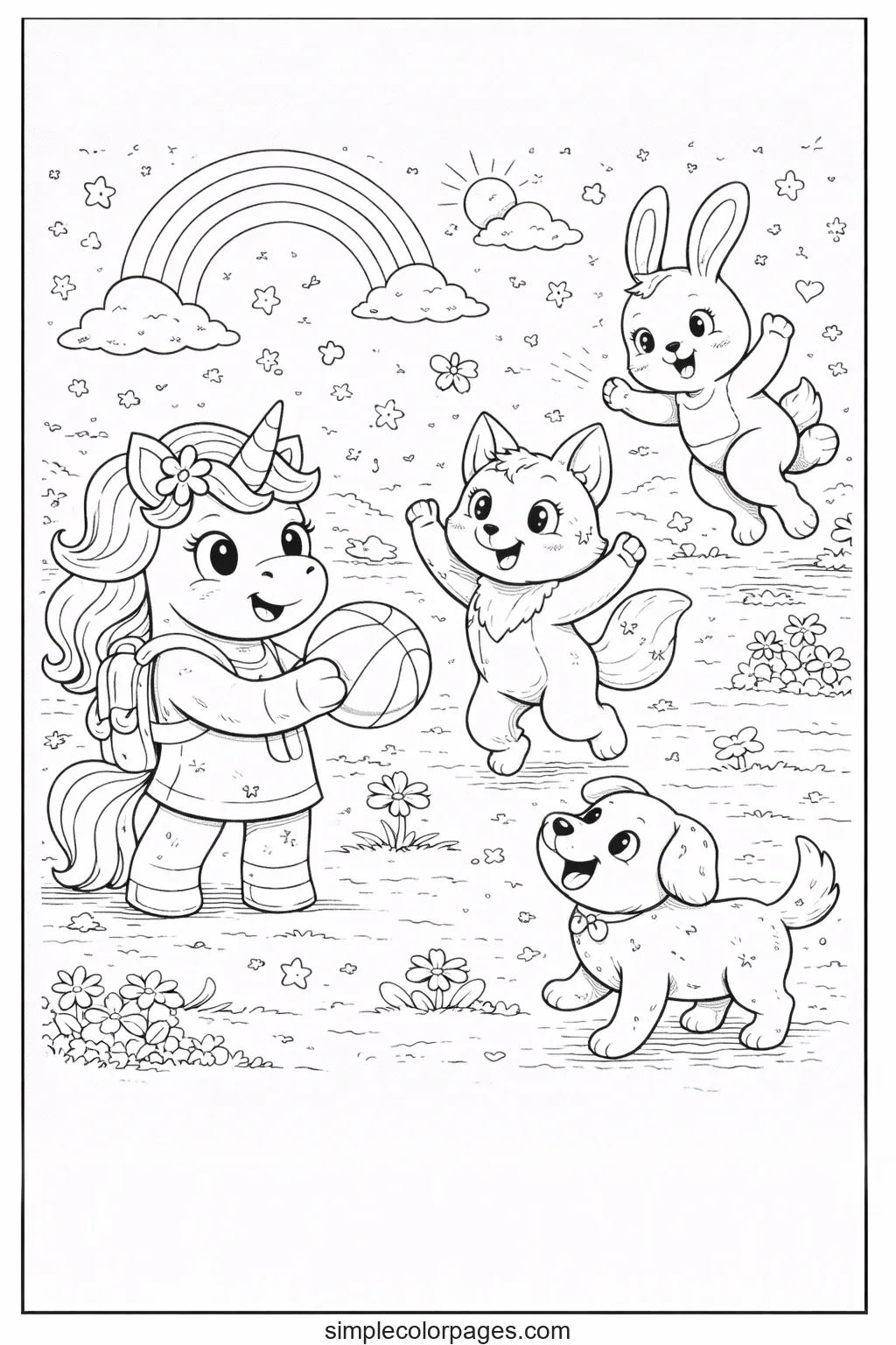Preview of Unicorn Playing with Friends Outdoors Coloring Page