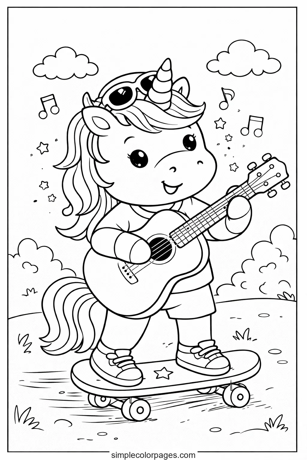 Preview of Unicorn Playing Guitar Coloring Page