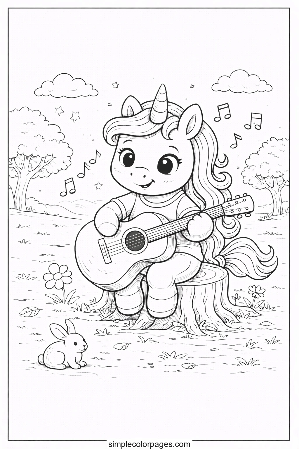 Preview of Unicorn Playing Music Coloring Page