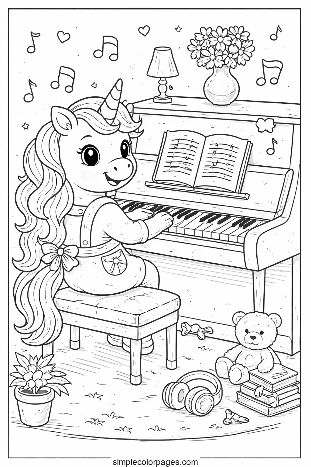 Preview of Unicorn Playing Piano Coloring Page