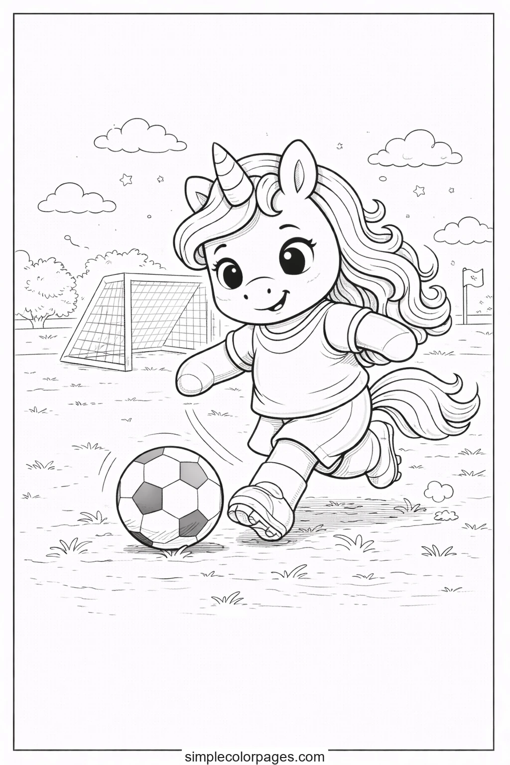 Preview of Unicorn Playing Soccer Coloring Page
