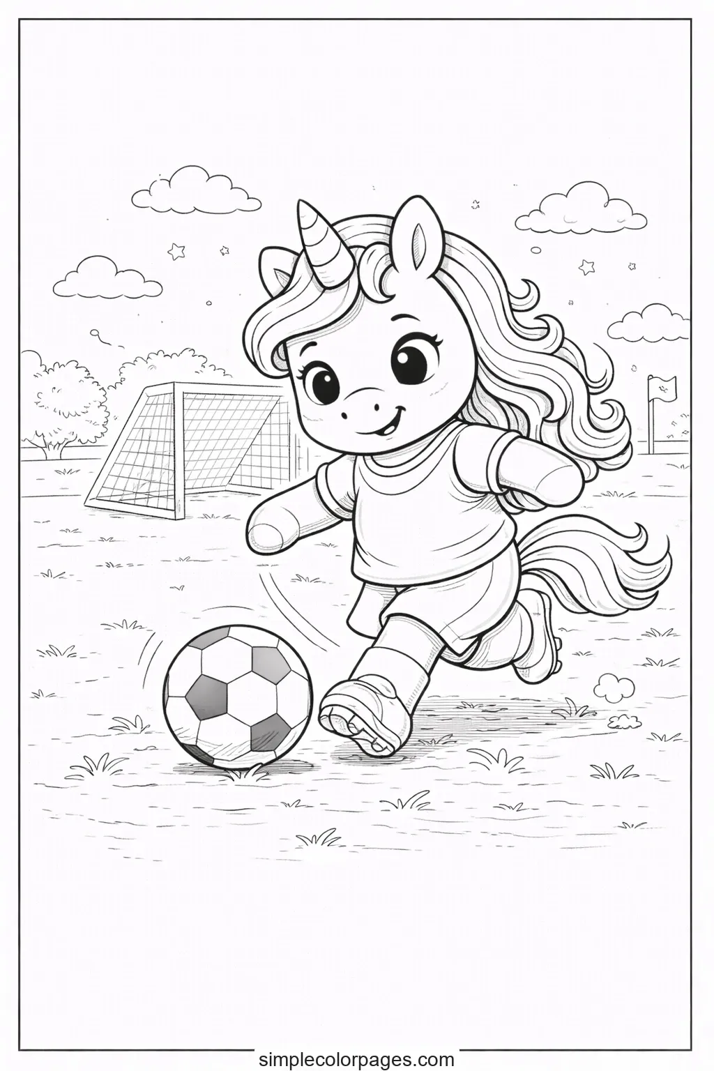 Preview of Unicorn Playing Soccer Coloring Page