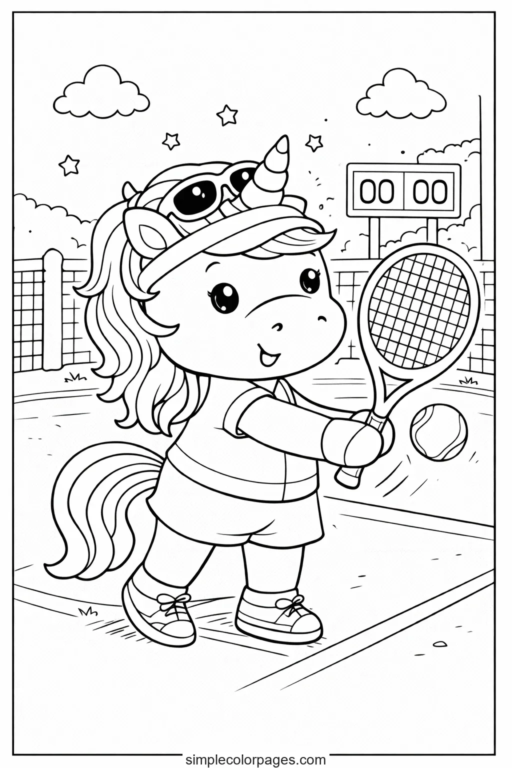 Preview of Unicorn Playing Tennis Coloring Page
